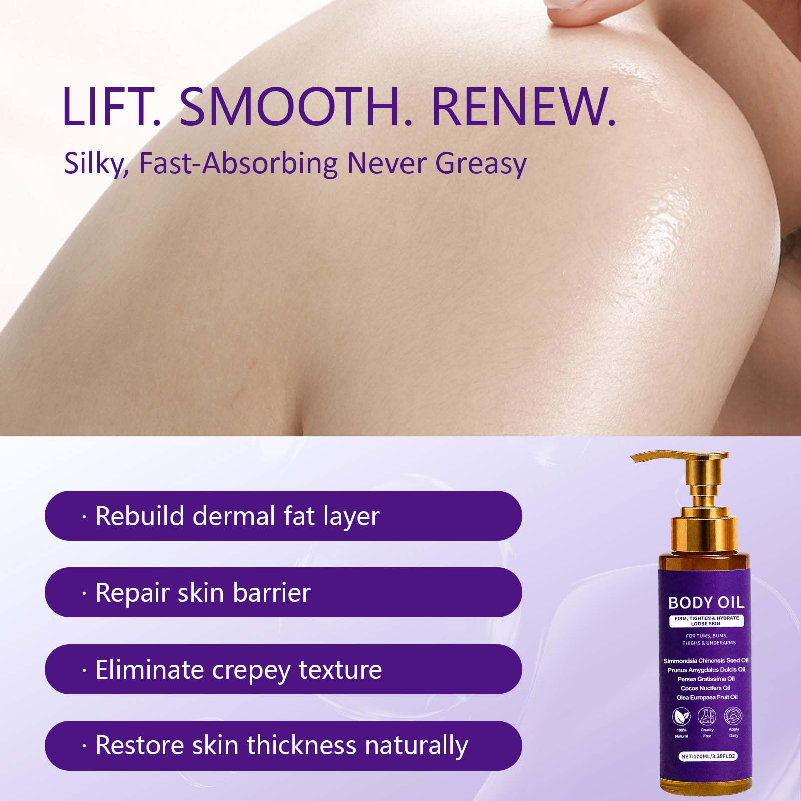 Body Firming Oil for Crepey-Looking Skin with Jojoba, Almond & Coconut Oils, 3.4 fl oz