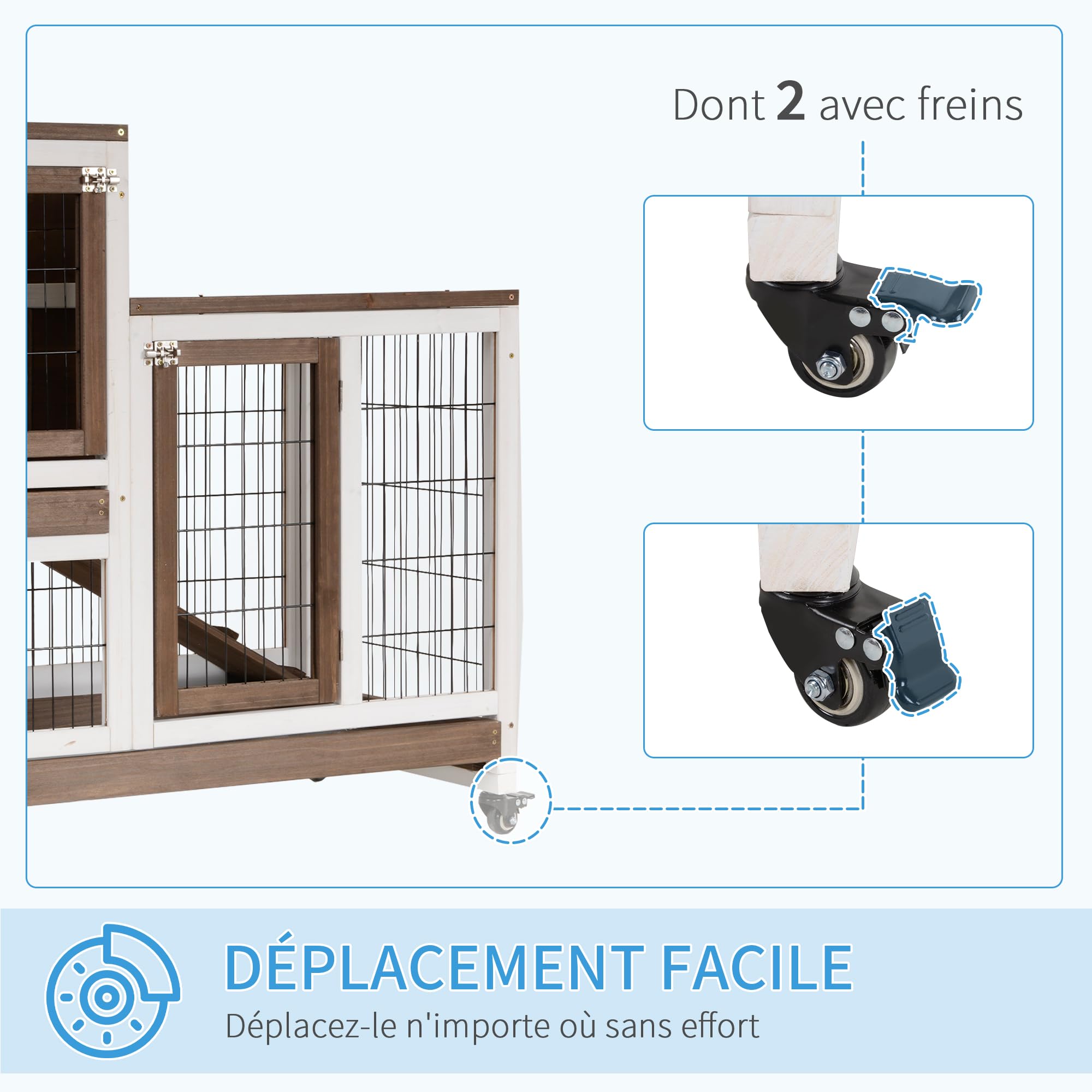 PawHut Clapier à Lapin sur roulettes Cage à Lapin intérieur extérieur 2 étages 2 Portes verrouillables 2 Plateaux coulissants Rampe Bois de Sapin Marron Blanc