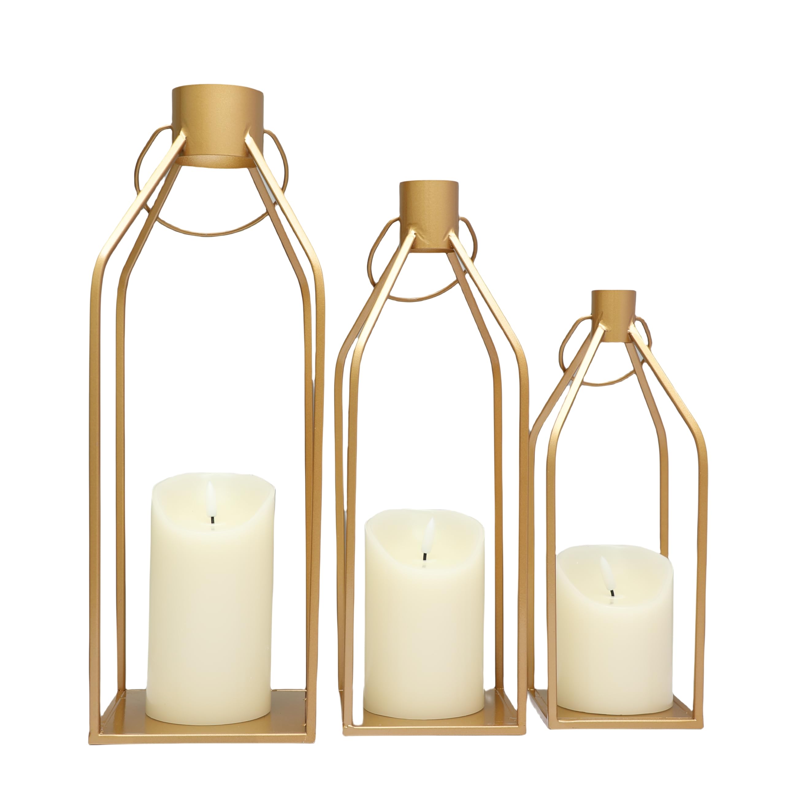 Gold Metal Pillar Candle Lantern Set of 3