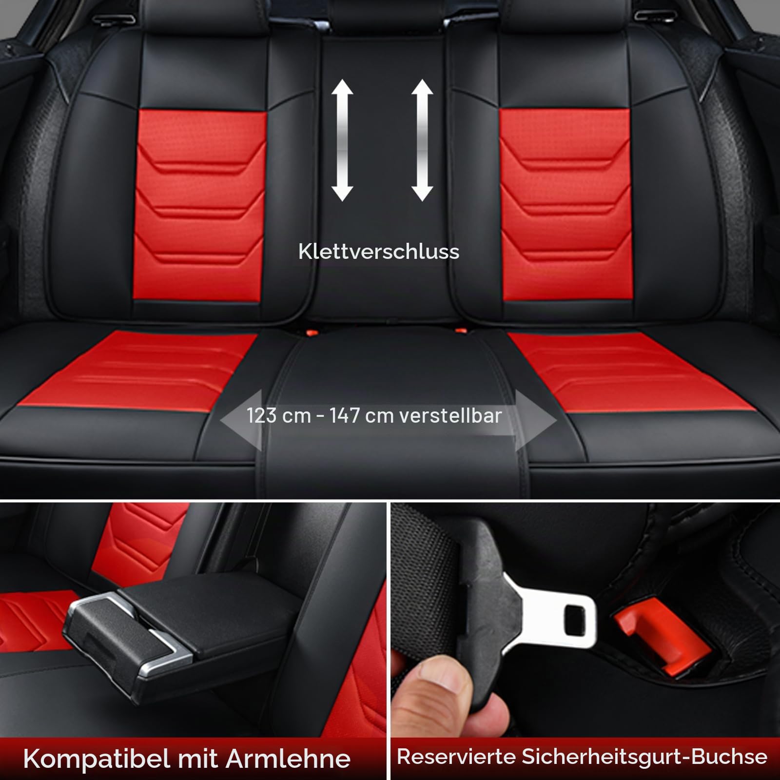 TIEHESYT Komplettset Autositzbezüge aus atmungsaktivem Kunstleder Für Vorder- und Rücksitze inkl. Kopfstützen - passend für die meisten Pkw (Schwarz & rot, Vorder- & Rücksitze)