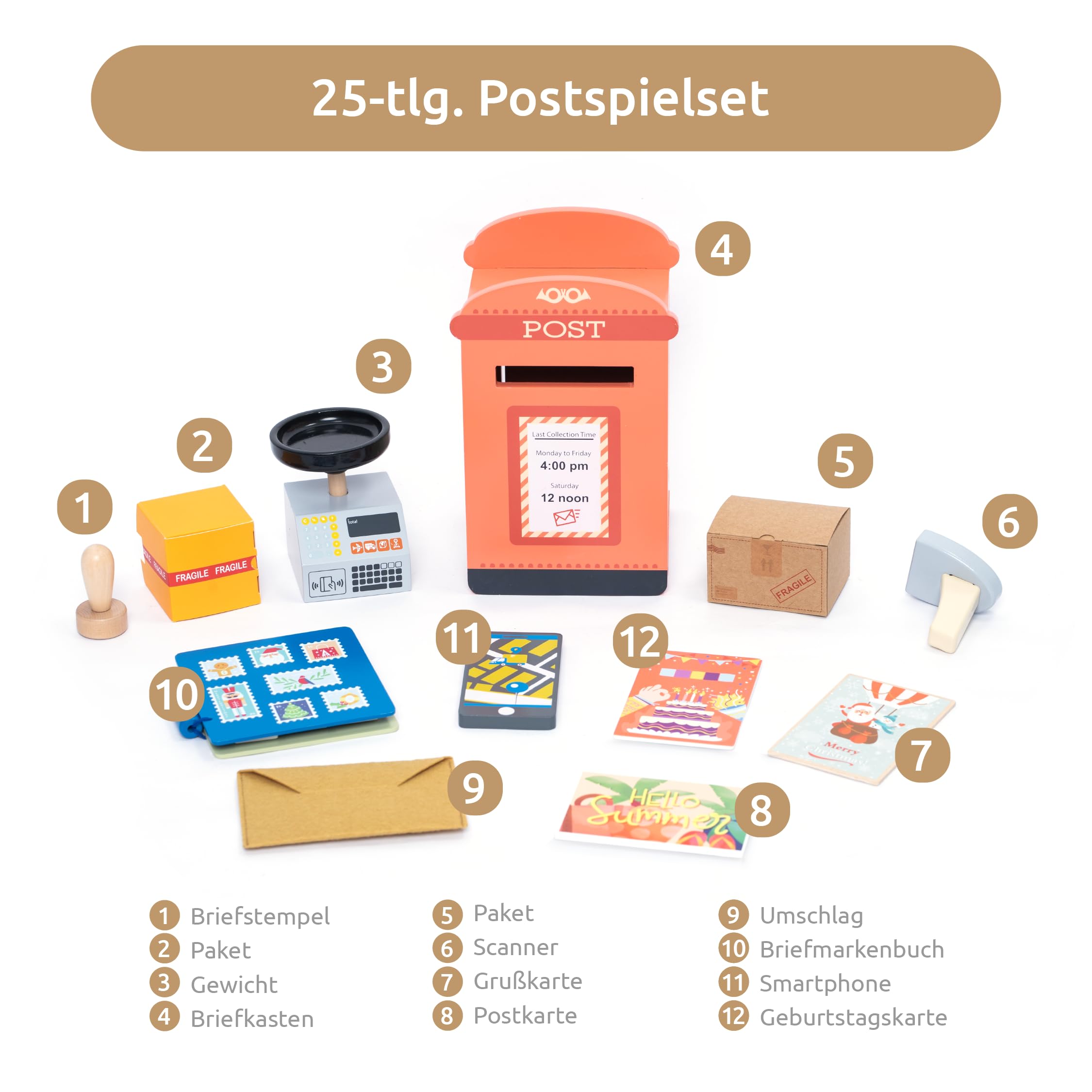 UMU Set Gioco Postino In Legno - Cassetta Lettere, Francobolli E Accessori - Giocattolo Educativo 3-6 Anni