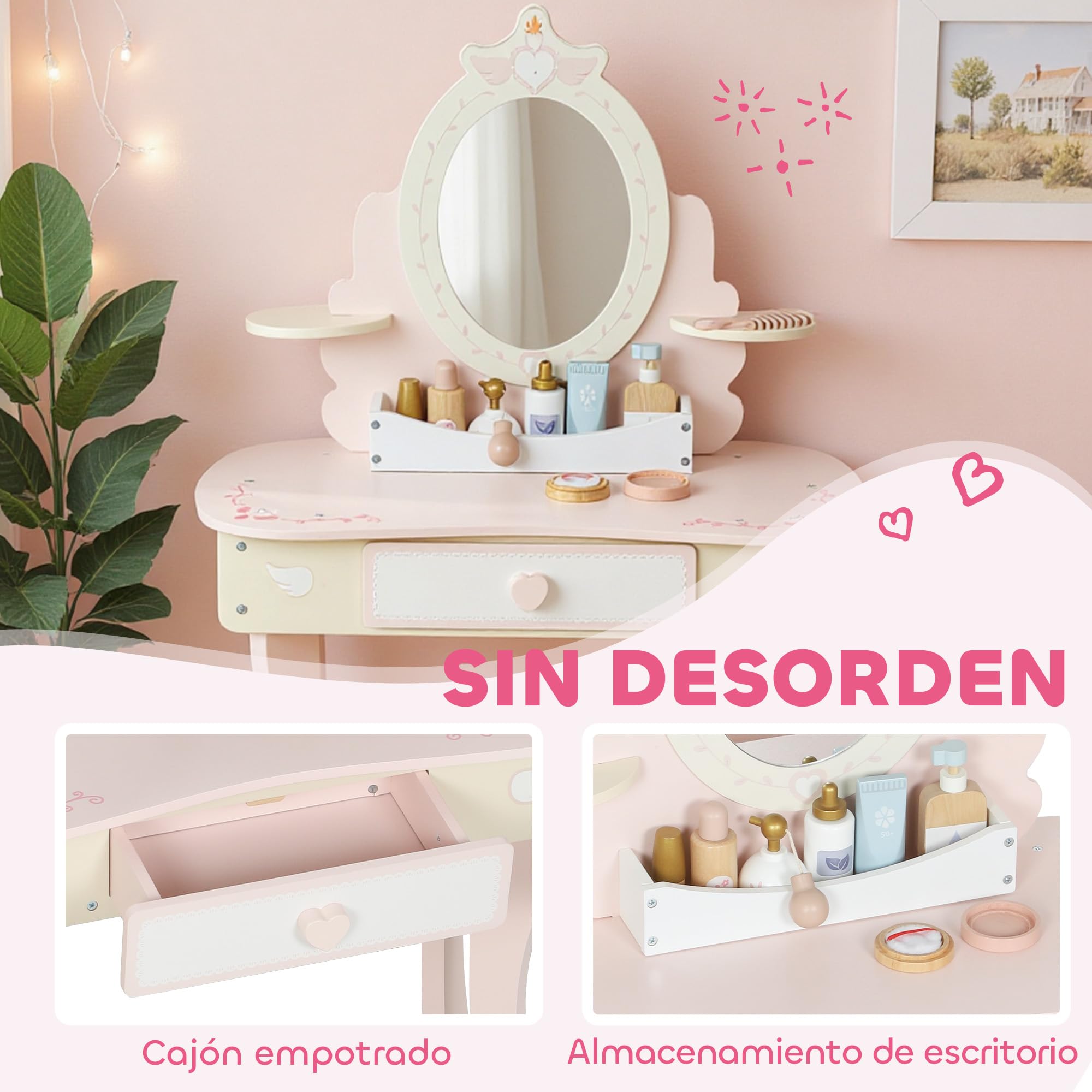 AIYAPLAY Tocador para Niñas, Tocador de Maquillaje Niñas, 2 en 1, Escritorio, con Taburete, Espejo, Cajón, 7 Accesorios, a Partir de 3 Años, Rosa