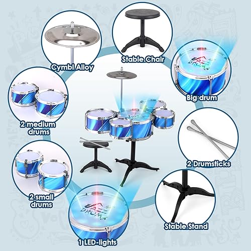 Miniatura 7 de Juego de batería para niños pequeños de 1 a 3 años con silla mejorada, juego de batería para niños de 3 a 5 años, juguetes musicales para niños y