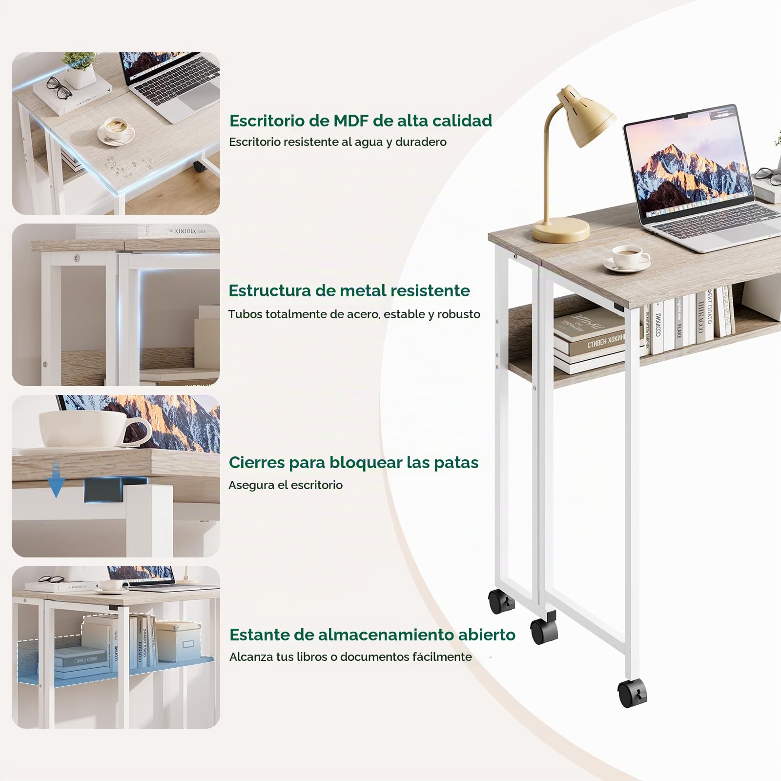 Dripex Escritorio Plegable Pequeño con Espacio de Almacenamiento y Ruedas, Ahorra Espacio, Mesa Plegable para Oficina en casa, Estudio, Color Madera, 80 x 50 x 75 cm