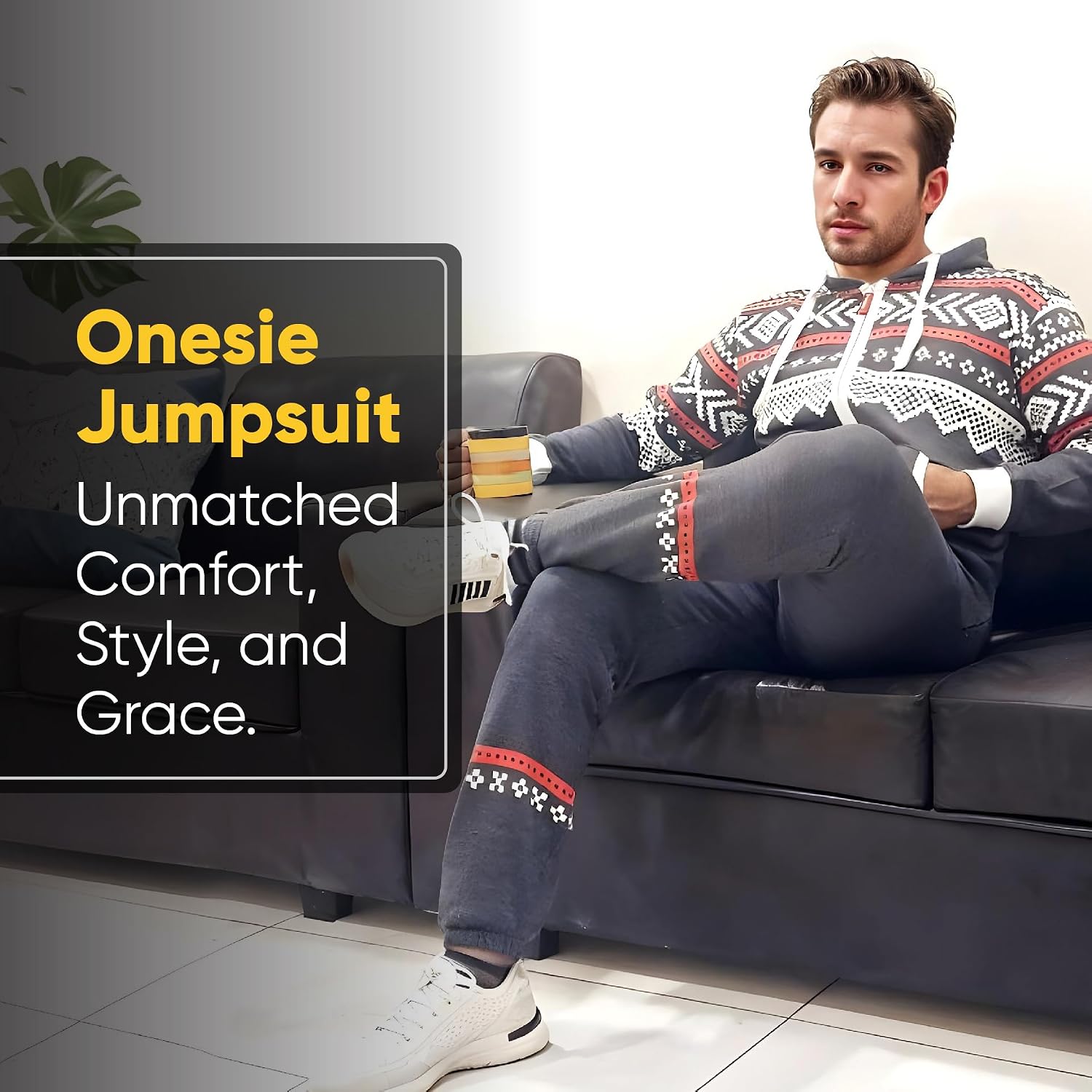 Juicy Trendz Adult Hooded Fleece Onesie Pajamas, Non-Footed One Piece Zip-Up Aztec Printed Jumpsuit Sleepwear for Men & Women