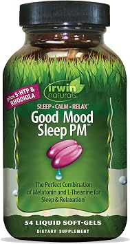 Irwin Naturals Good Mood Sleep PM Melatonin, 5-HTP & Rhodiola with L-Theanine Supports Sleep, Calm Mood & Relaxation Nighttime Wellness Formula 54 Liquid Soft-Gels