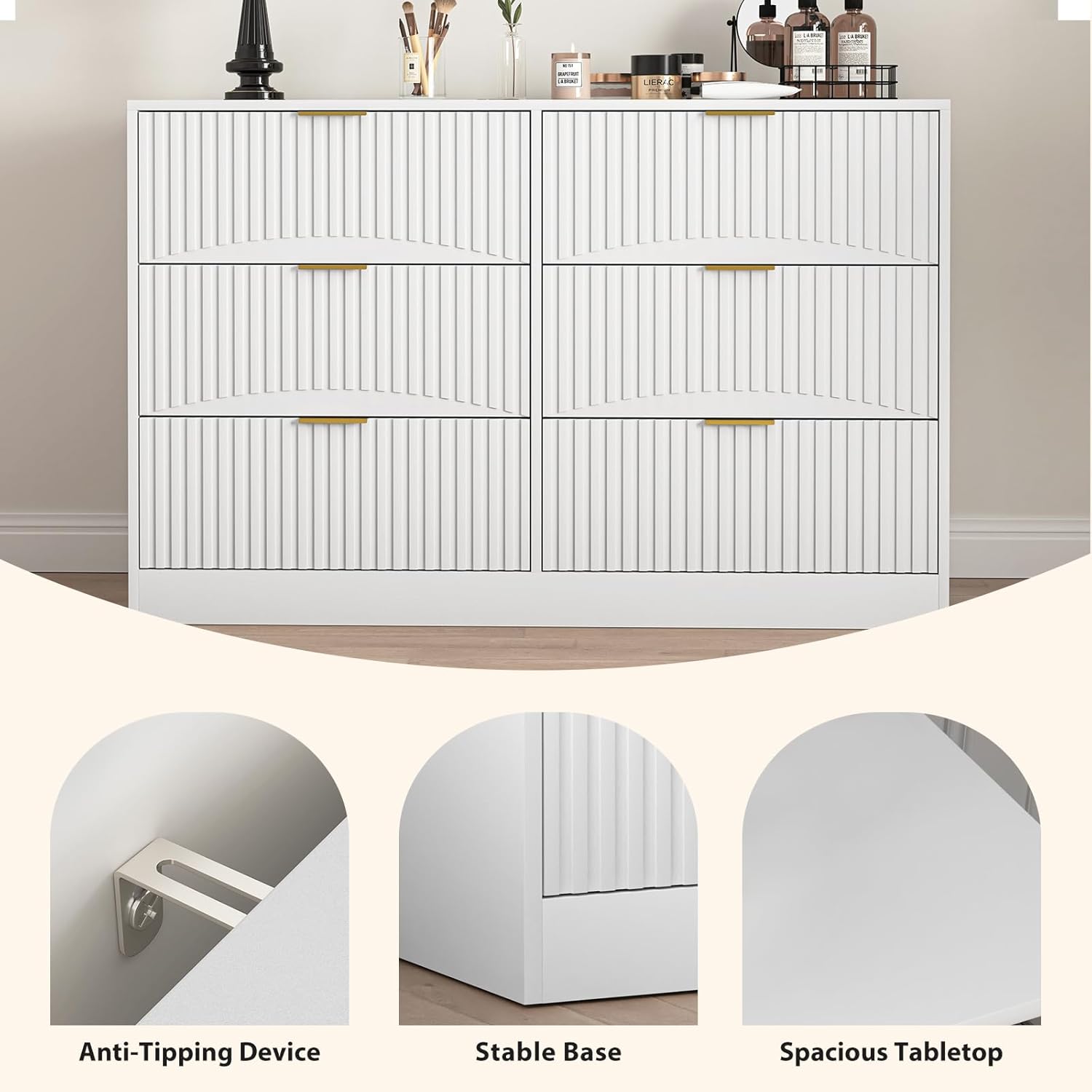 Fluted White Dresser for Bedroom, 6 Drawer Dresser with Deep Drawer, 47'' Modern Chest of Drawers with Golden Handle, Large Storage Organizer Bedroom Furniture, TV Stand for Living Room, Entryway