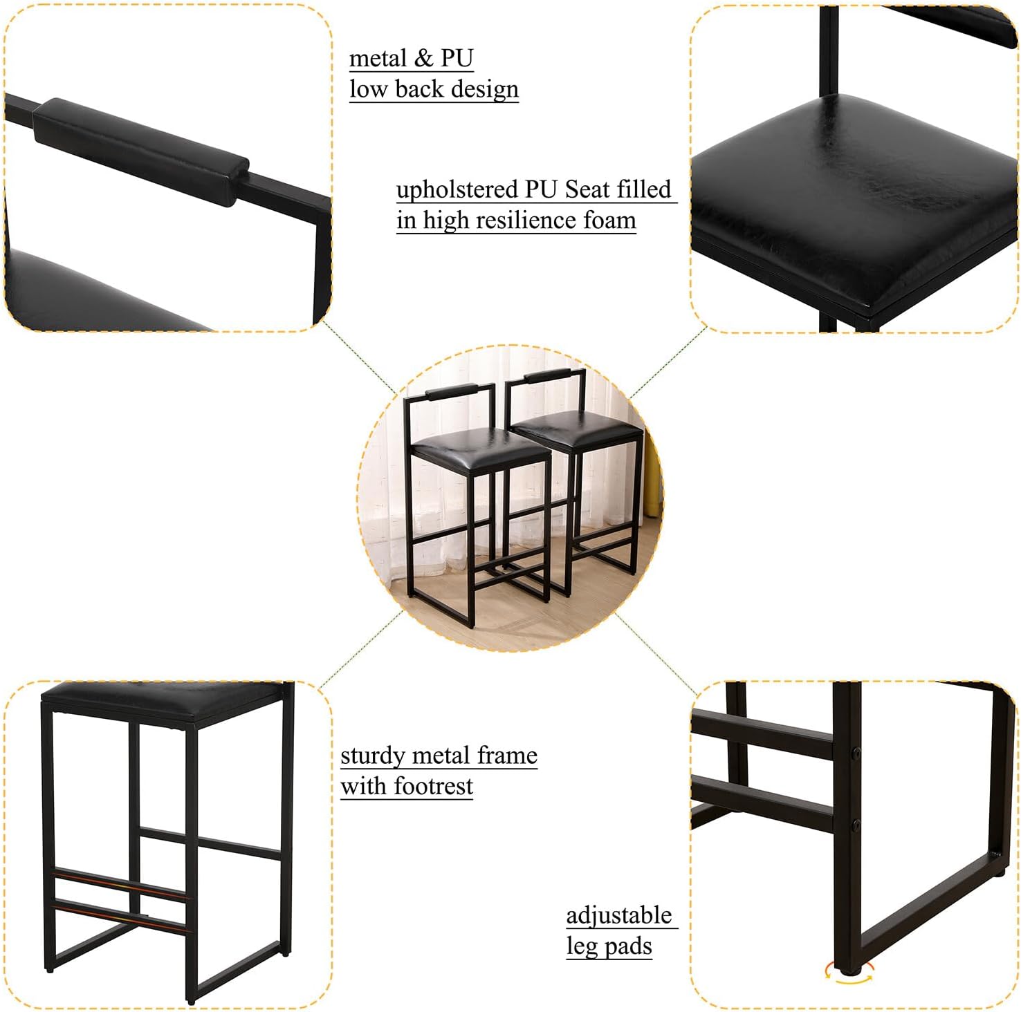 Chair Adjustable Height Counter stools Simple Assembly bar Chair 360 Degree Swivel Counter Height bar stools Set of 2 for Dorm, Recreation Game Room