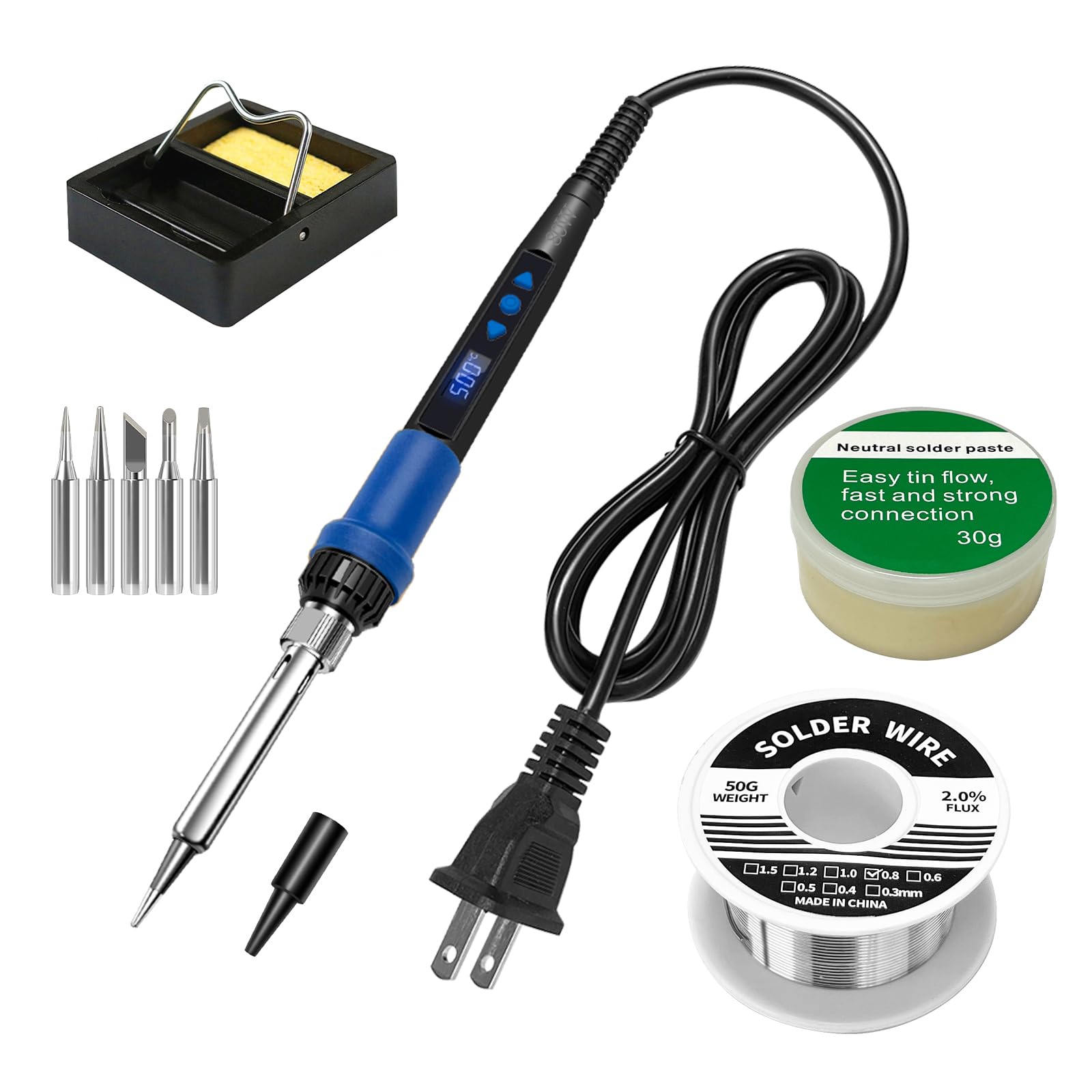 Zestaw do lutowania, wyświetlacz LED 90 W, zestaw do lutowania regulowanej temperatury z automatycznym trybem uśpienia, zawiera 5 końcówek, kabel lutowniczy, wspornik, topnik, profesjonalne narzędzie