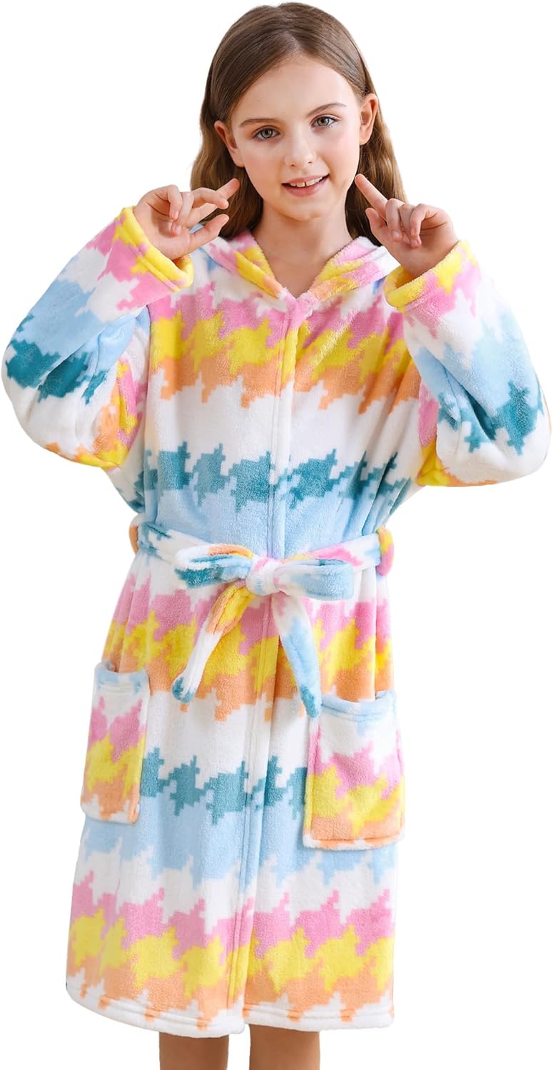 V.&GRIN Girls Fleece Hooded Robe, Kids Soft Plush Warm Printed Bathrobe Sleepwear Gifts for 5-14 Years