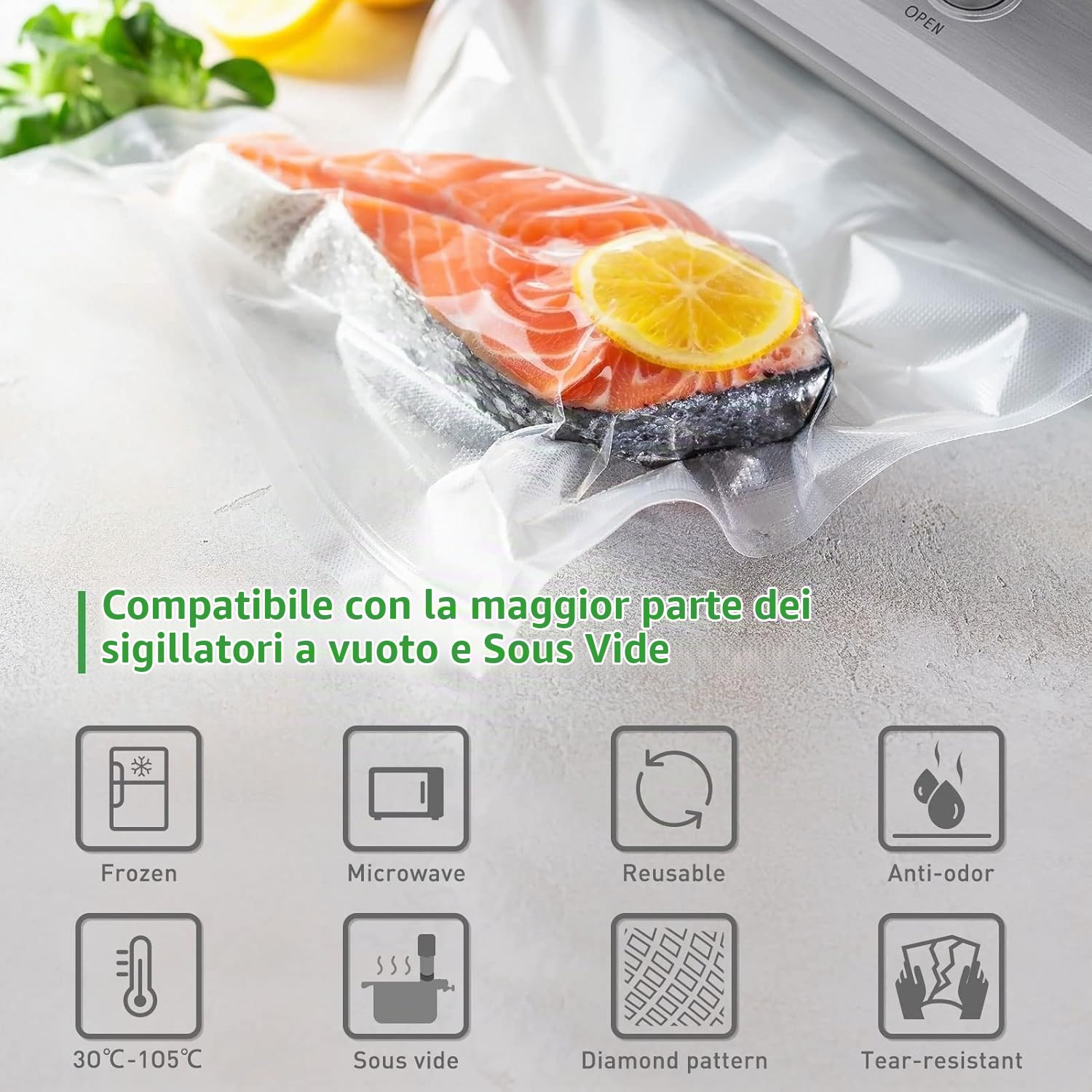 KitchenBoss Sacchetti Sottovuoto per Alimenti 300 Sacchetti 20 x 30 cm, Buste Sottovuoto Goffrate Alimenti per Sous Vide e Macchina Sottovuoto, Sacchetti Sottovuoto Alimenti 175 µm