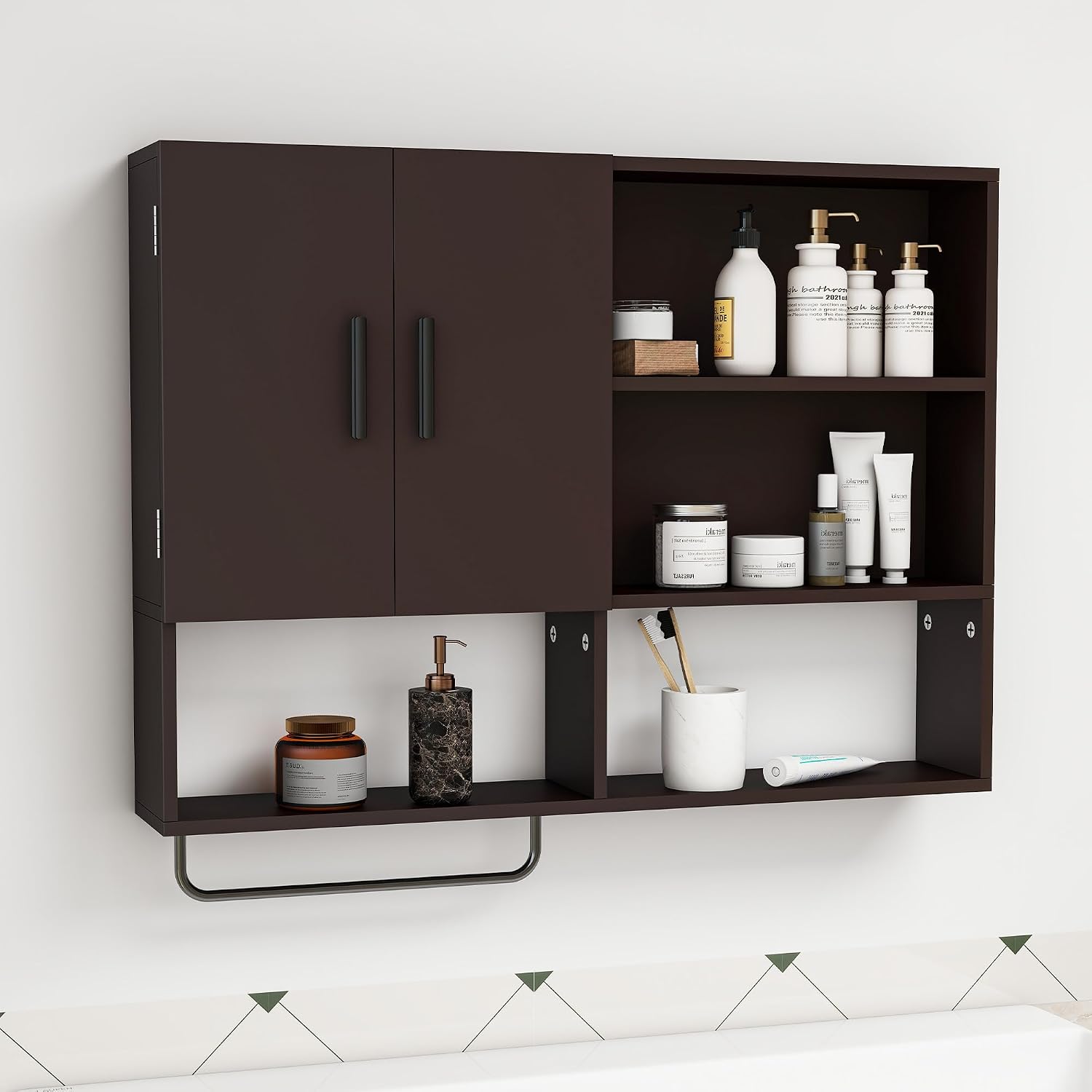 Wall Mounted Bathroom Storage Cabinet Medicine Cabinet, Espresso | Over The Toilet Organizer with Doors, Handles, Towel Rack, Adjustable Shelves for Entryway, Living Room, Kitchen