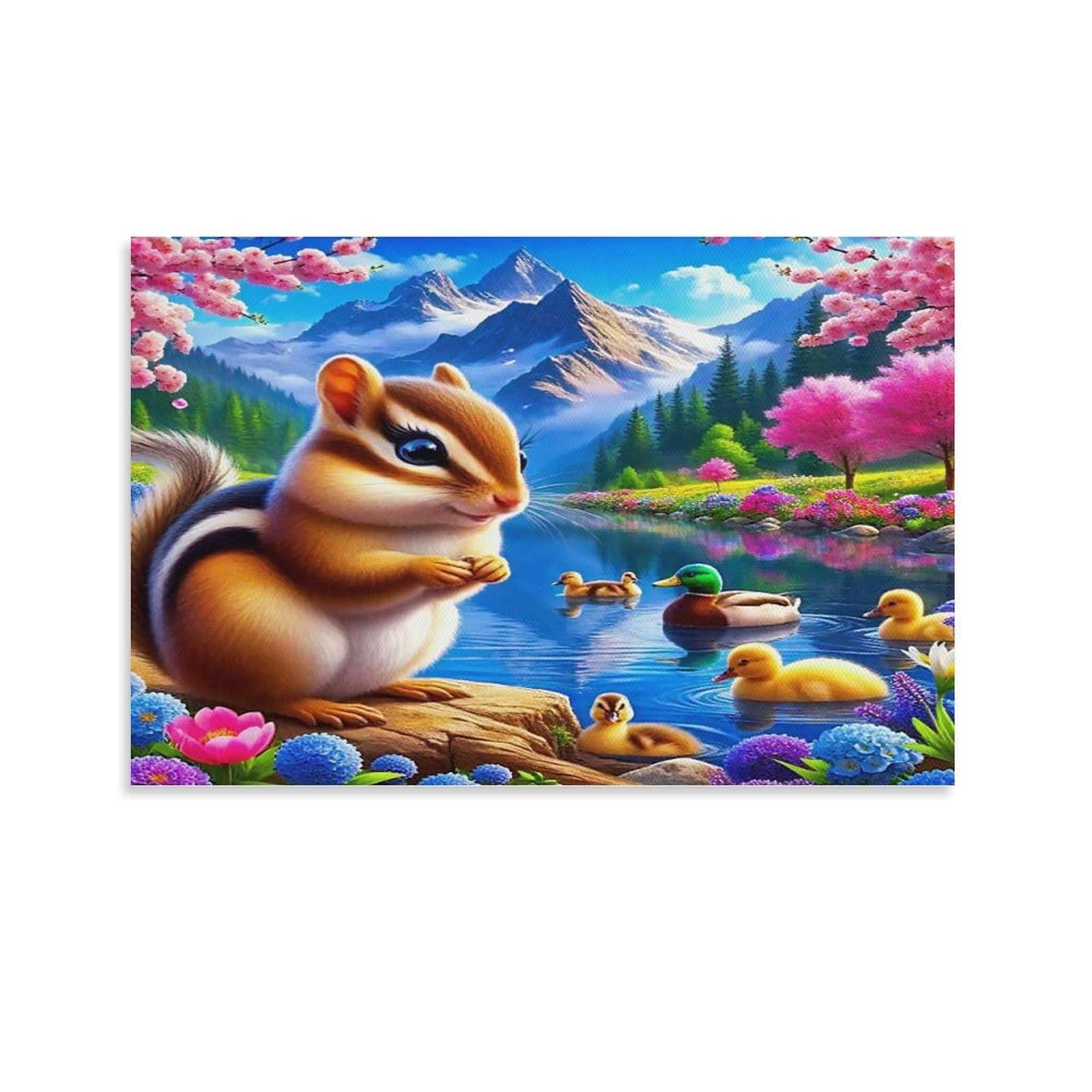 Squirrel by Waterfall with Goldfish And Flowers Single Chipmunk Watching Ducks by Mountain Lake Canvas Wall Art - Gift for Her/Him Living Room Focal Point Ready to Hang Decor 20x30inch(50x75cm)