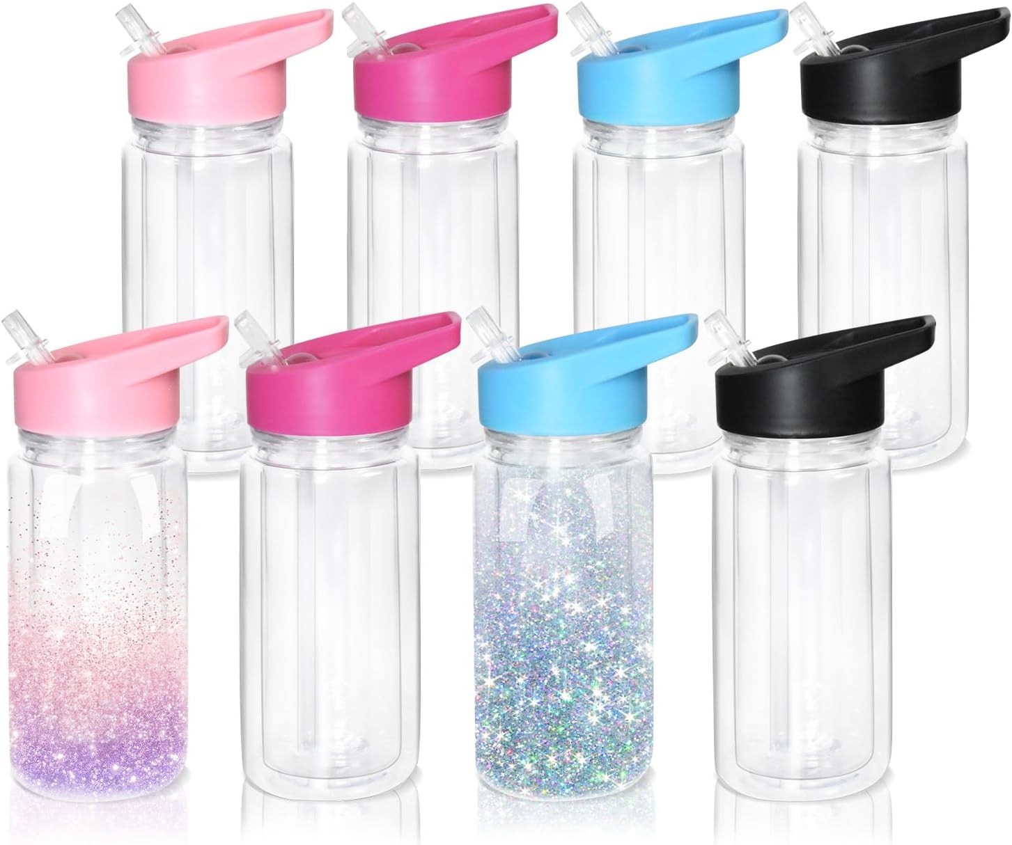 10OZ Plastic Snow Globe Tumbler, 8pack - Double Wall Clear Construction with Pre-Drilled Hole&Stopper, Leak-Proof Design, Portable Handle Lid, Perfect for Glitter DIY, Personalized Gifts, Mixed Color