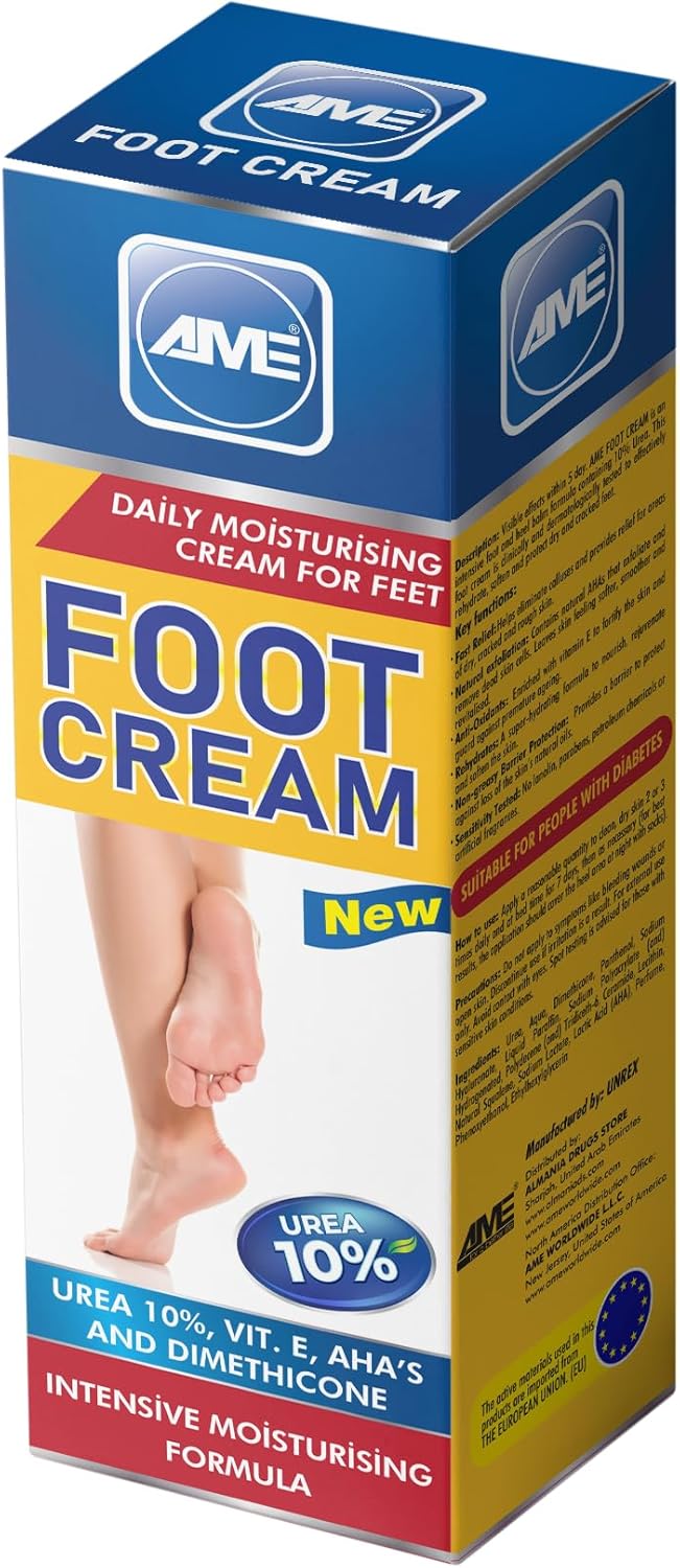 AME INTL Foot Cream with 10% Urea, Vitamin – E, AHA’s and Dimethicone for Daily Moisturizing -Soothes Sore Tired Feet-Deep Moisturizes Rough & Dry Skin- Suitable for Diabetic Feet -75gm