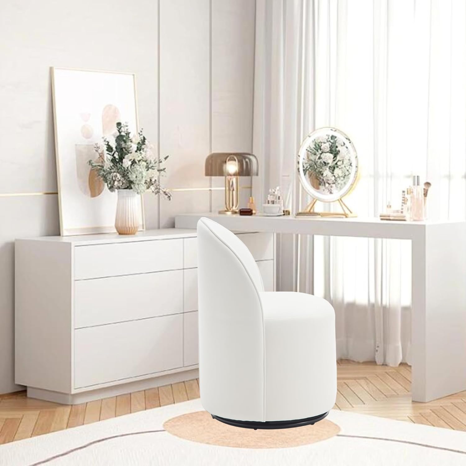HNY Upholstered Kitchen & Dining Room Barrel Chair, Mid Century Modern Round Velvet Dining Chair, 360 Degree Swivel Comfy Armless Accent Makeup Vanity Side Chair for Bedroom Living Room, White