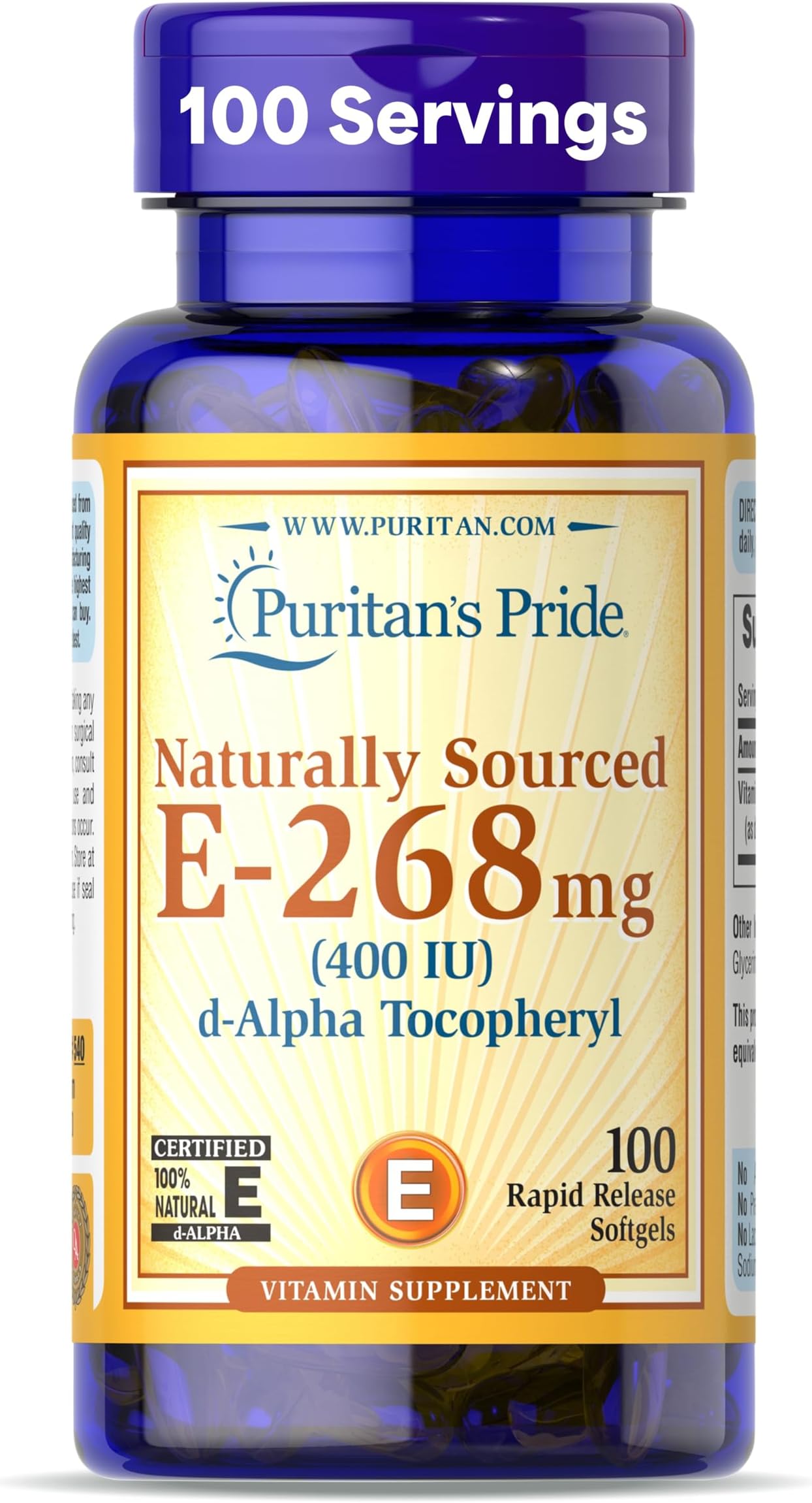 Vitamin E-268mg (400IU) D-Alpha Tocopheryl, Vitamin Supplement for Immune System Function and Antioxidant Health Support, 100 Rapid Release Softgels