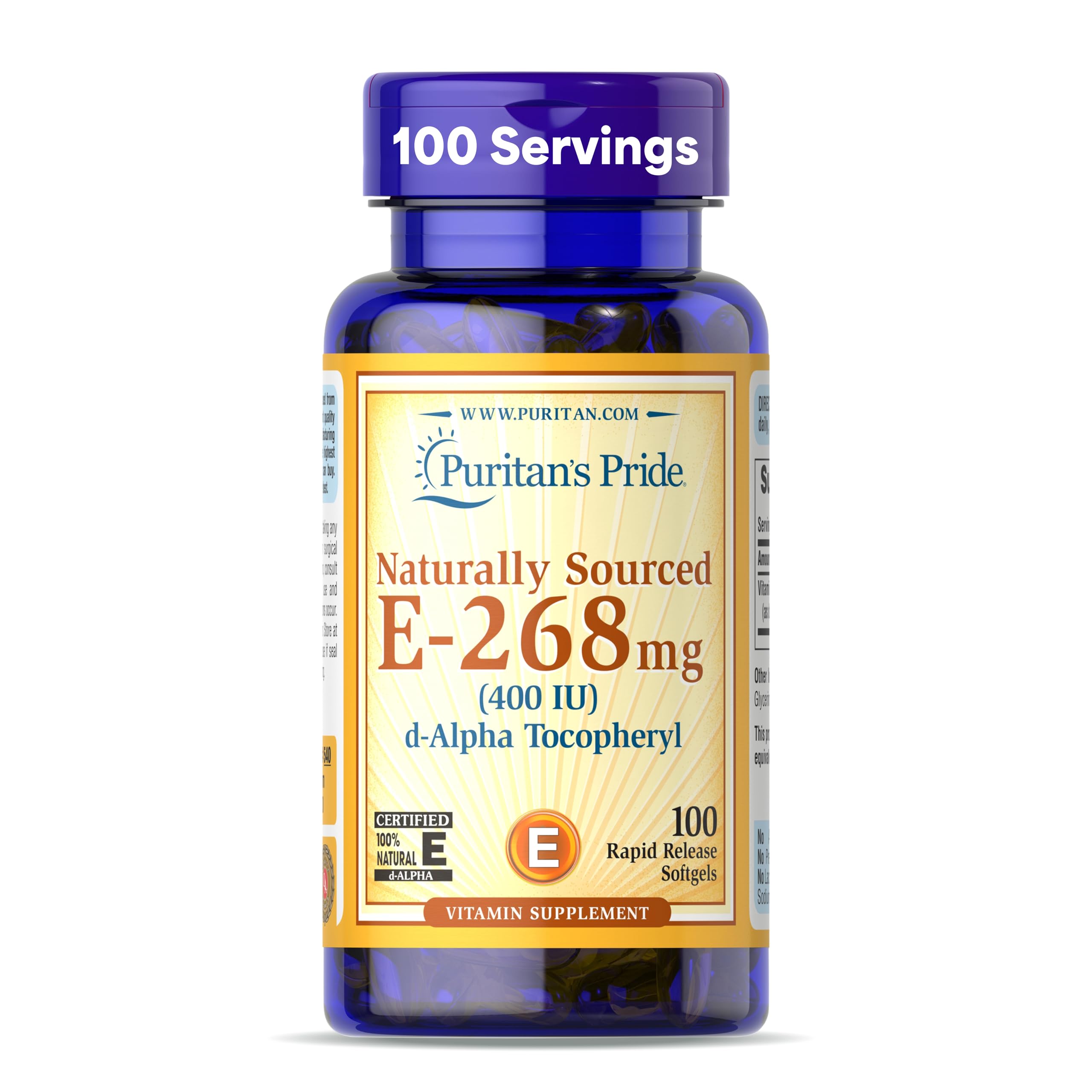 Puritan's Pride Vitamin E-268mg (400IU) D-Alpha Tocopheryl, Vitamin Supplement for Immune System Function and Antioxidant Health Support, 100 Rapid Release Softgels