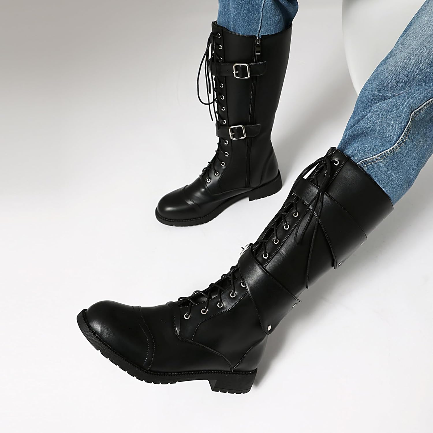 Leather Boots - High Calf Medieval & Renaissance Style with Buckle Straps, Round Toe for Motorcycle,Black,10