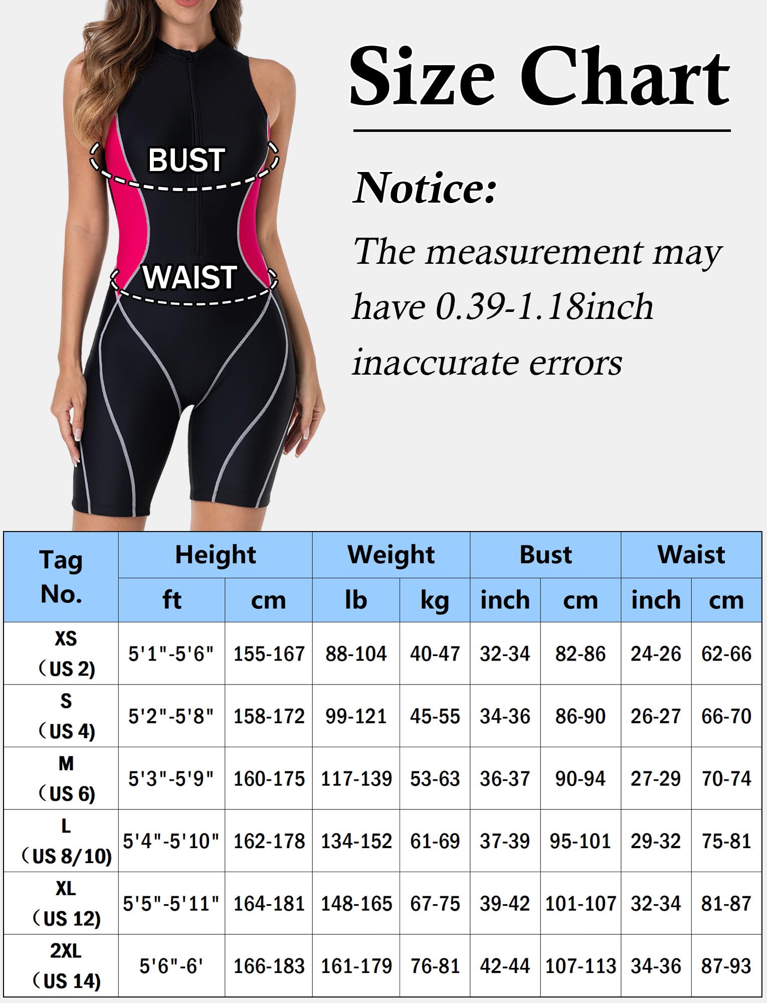 Maeau - Costume da bagno 1 pezzo da donna senza maniche con zip frontale sportivo anti-UV resistente al cloro spiaggia piscina XS-XXL