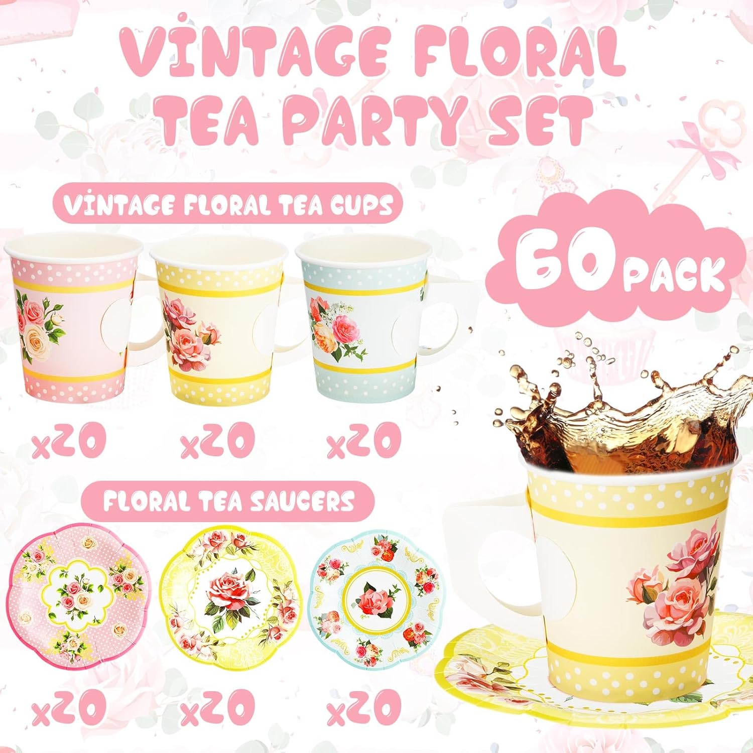 SiliFine 60 Sets Floral Paper Tea Cups and Saucers, 7 oz Disposable Cups with Handle and Plates Tea Party Decoration for Birthday Wedding Bridal Shower Mother's Day