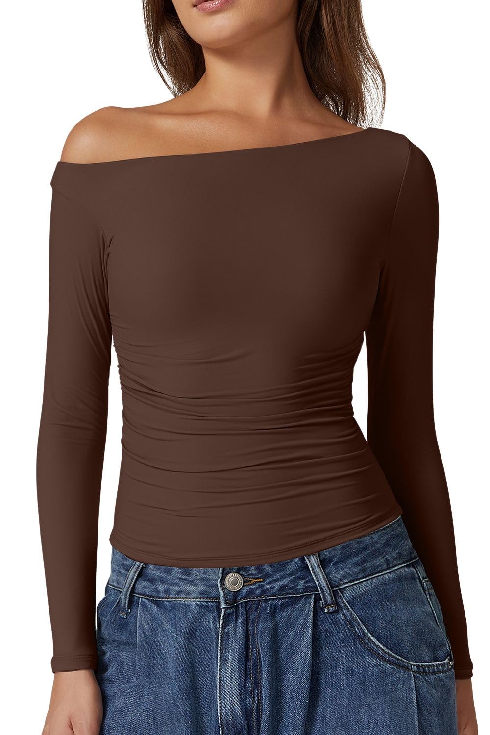 QINSEN Womens Sexy Off Shoulder Shirt Long Sleeve Double Lined Tops Side Ruched Fitted Tees