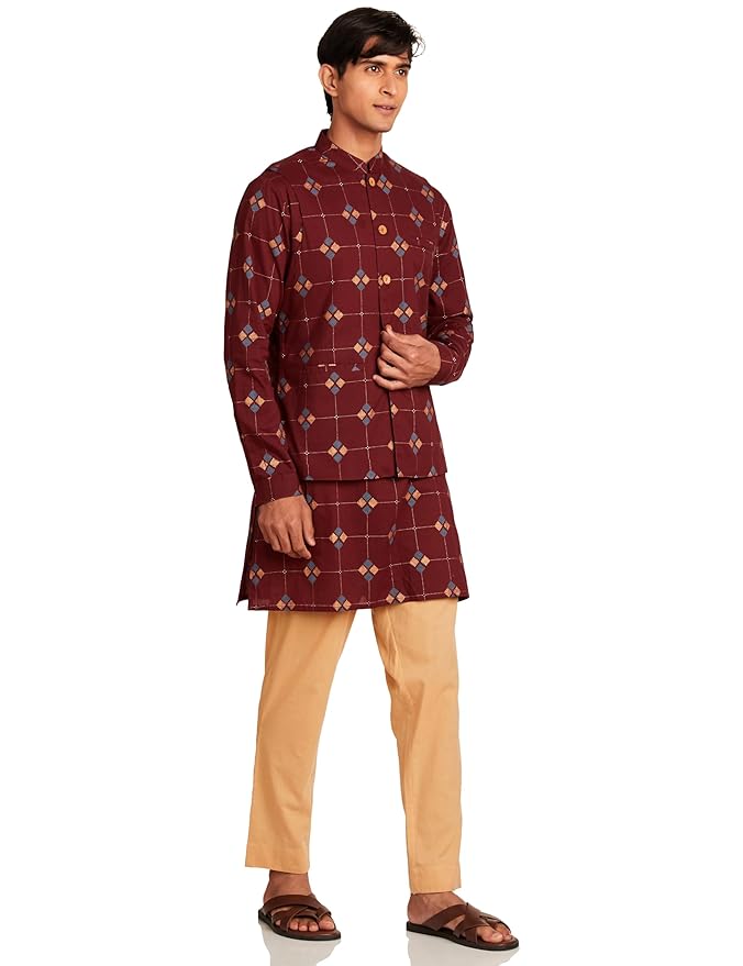 Symbol Men's Floral Regular Cotton Nehru Jacket Kurta Pant Set (3pcs)