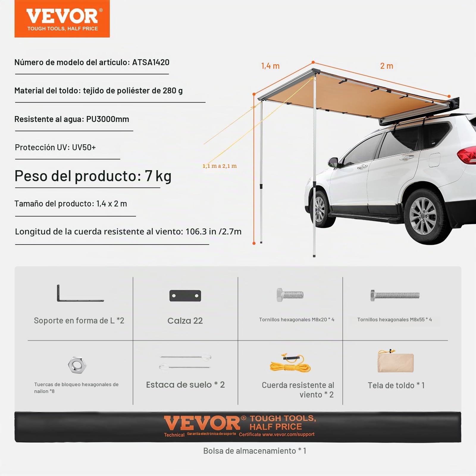 VEVOR Toldo Retráctil Lateral/Trasero para Coche 1,4x2 m PU3000 mm UV50+ Resistente al Sol/Agua/Viento Con Bolsa de Almacenamiento para Camiones Furgonetas Autocaravanas