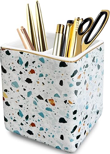 Portalápices de cerámica de 2 compartimentos - Organizador de lápices de mármol de terrazo dorado para mujeres - Azul