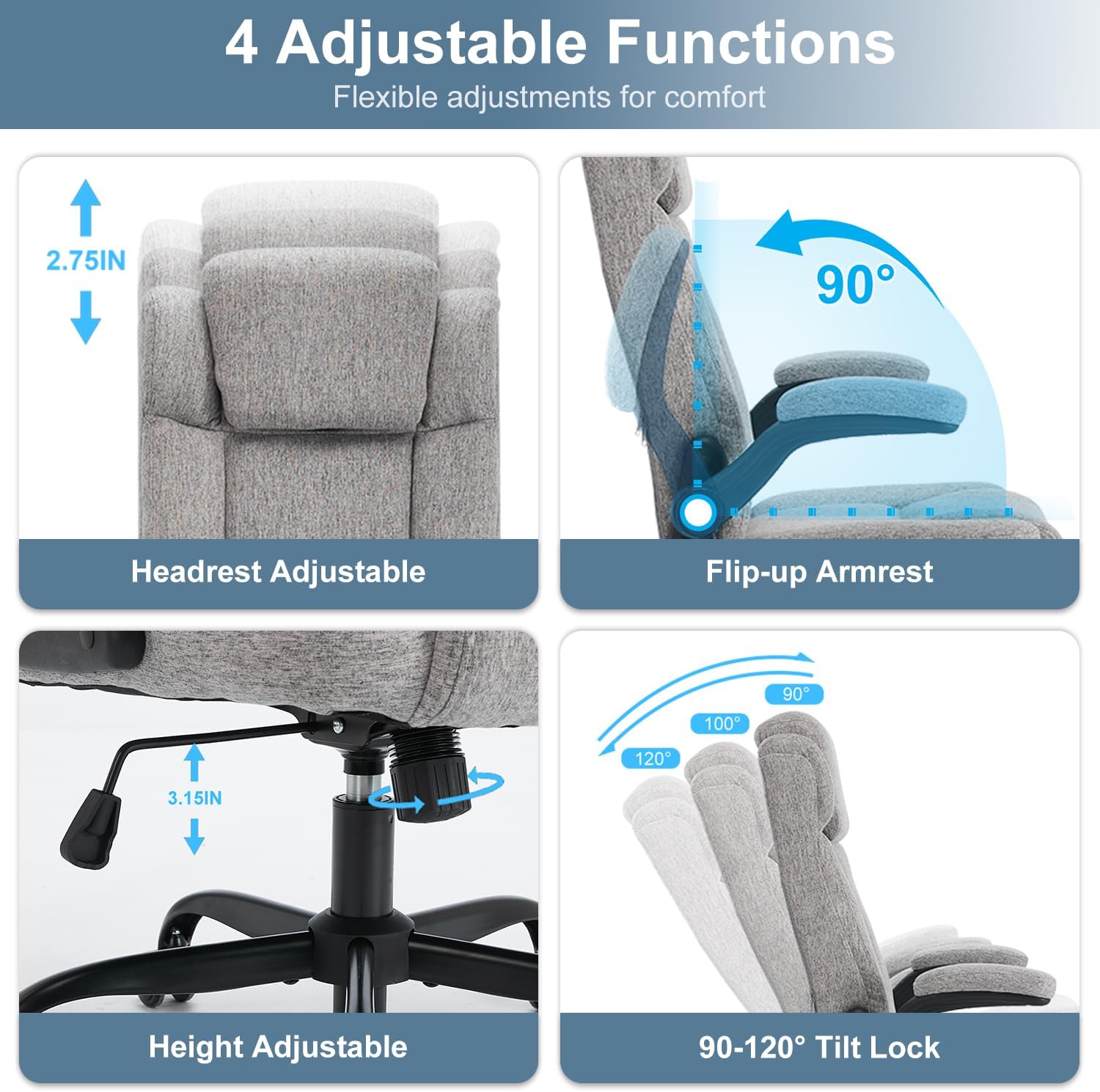 High Back Executive Office Chair, Comfy Fabric Desk Chair with Adjustable Headrest, Big and Tall Office Chair,Computer Task Chair with Flip-up Armrests,120° Tilt Rock Function,Lumbar Support