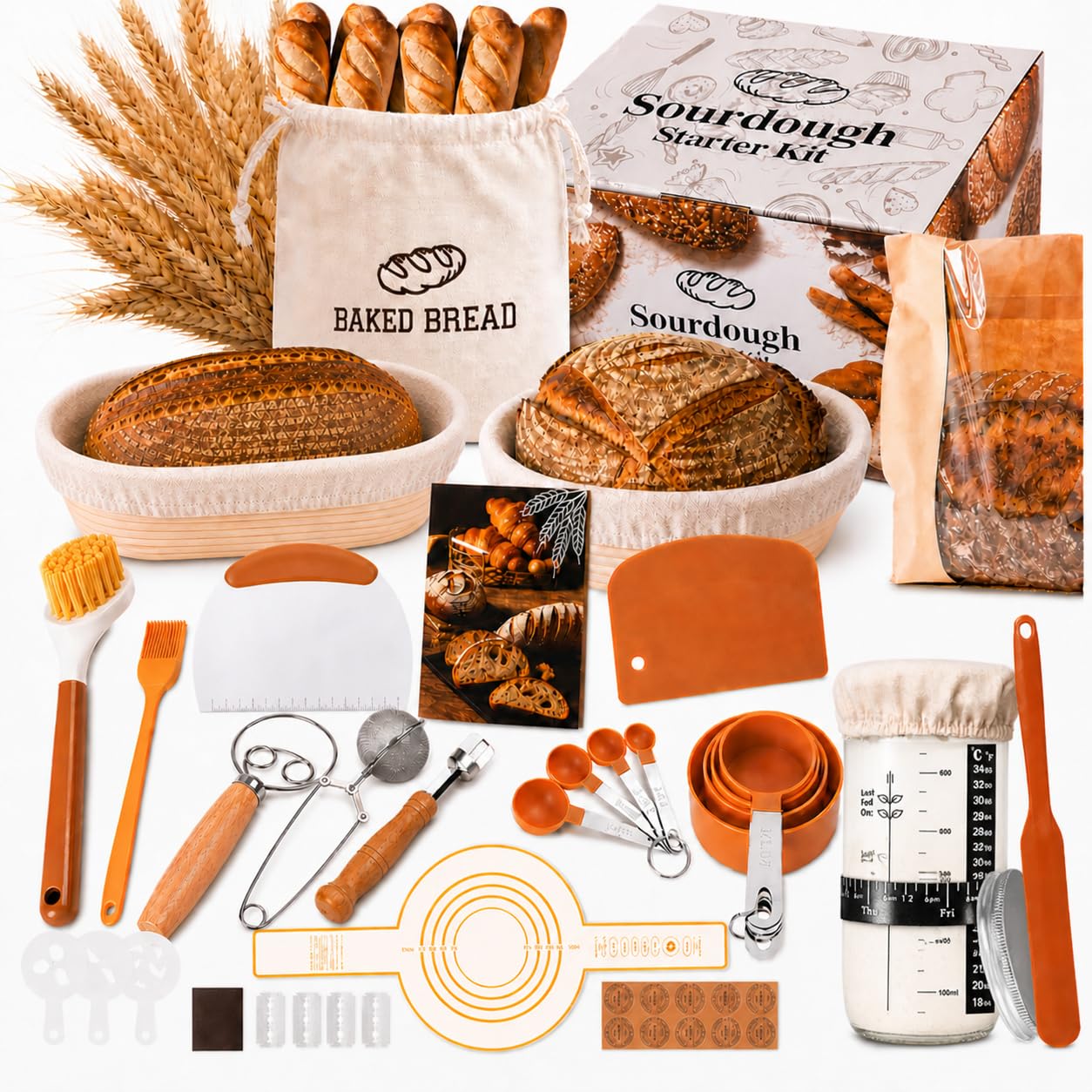 52-częściowy zestaw do pieczenia chleba, 25 cm i 23 cm, kosz do pieczenia chleba 700 ml, kompletny zestaw startowy Sourdough dla początkujących i piekarzy
