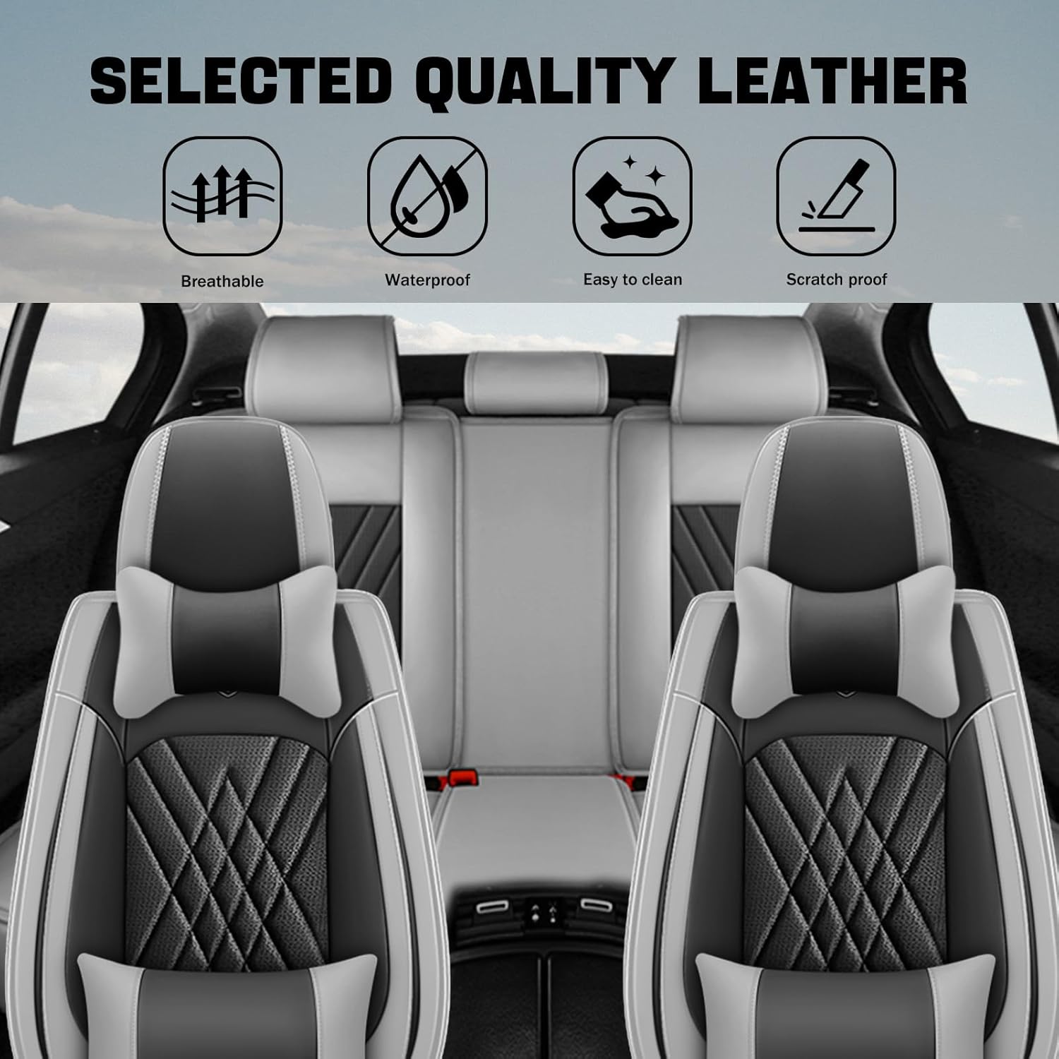 Car Seat Covers Fit for Jeep Wrangler 2005-2026 Waterproof Premium Nappa Leather Seat Covers with Airbag Compatibility, Easy to Clean, Scratch Proof(Black Gray, Full Set with Pillow)