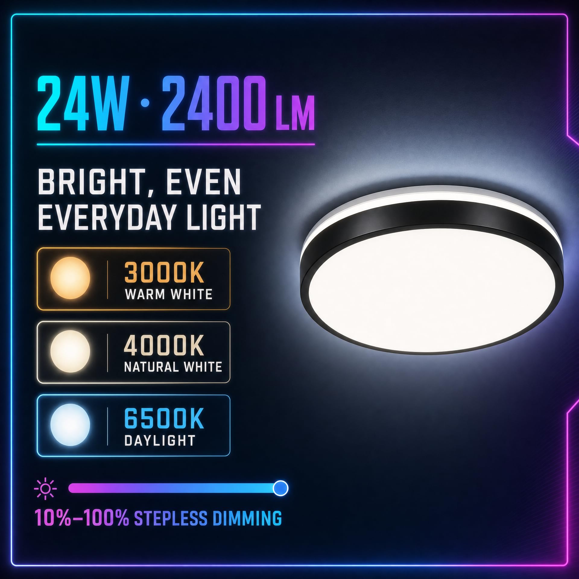Lampa sufitowa Bluetooth 24 W z głośnikiem 30 cm, lampa sufitowa LED, muzyka i pilot zdalnego sterowania, zmiana koloru do łazienki w pokoju dziecięcym (czarna)