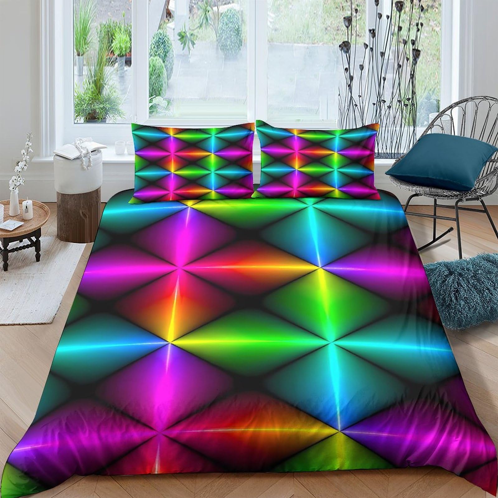 Ctjqhvkz Style-2 3D Printed Neon Geometric Fitted Sheet Microfiber Vibrant Rainbow Mattress Cover Bedroom Decor Washable Protective Single（135X200cm）