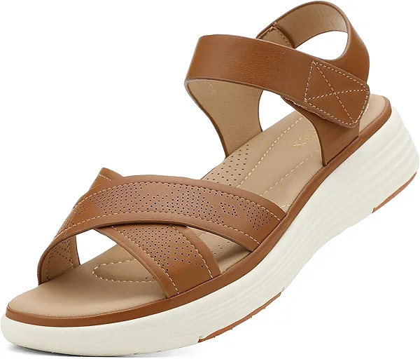 UBFEN Womens Platform Sandals Comfortable Lightweight Walking Ankle Strap Casual Low Wedge Sandals 7.5 Ab Brown