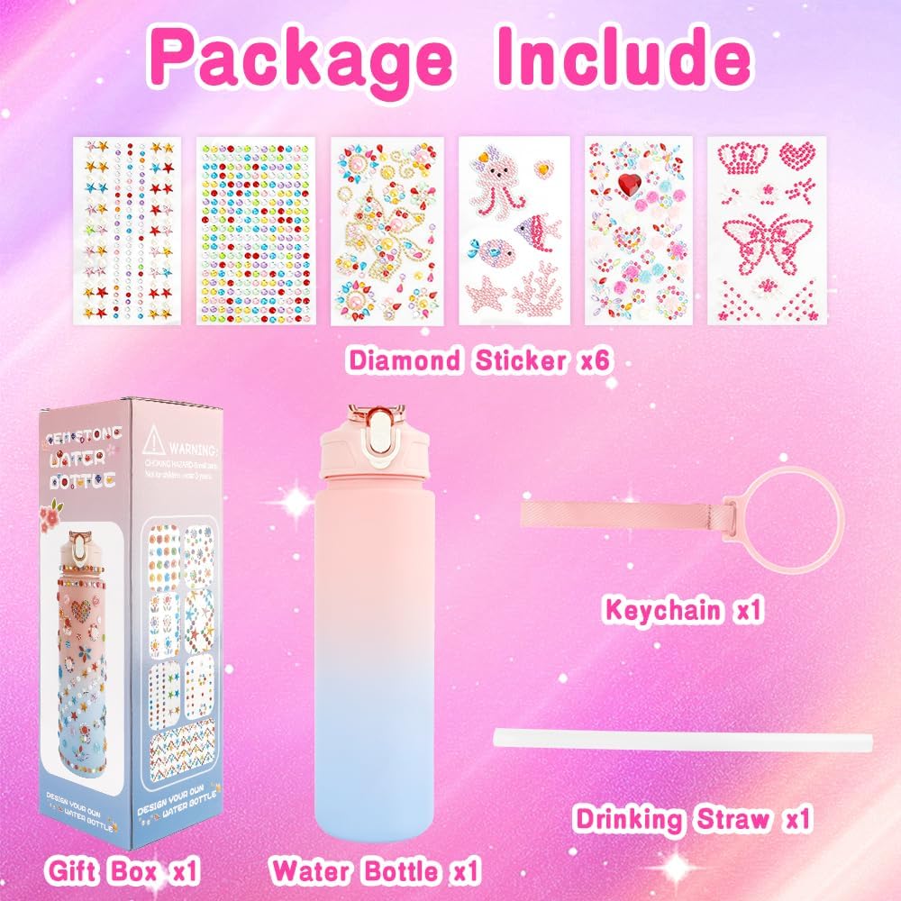 Decorate Your Own Water Bottle Kits for Girls, Birthday Gift for Girls, 4-12 Year Old Girl Gifts, Girls Water Bottle and DIY Gem Stickers with Crafts Kits for Girls, Valentines Easter Gift for Girls