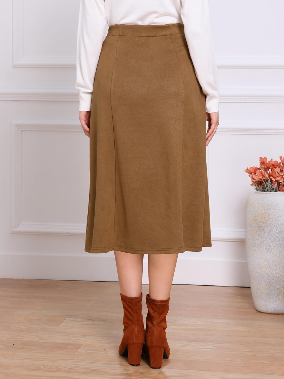 Allegra K Faux Suede Midi Skirts for Women's Work Casual Fall Winter A Line Skirt Trendy - Image 3