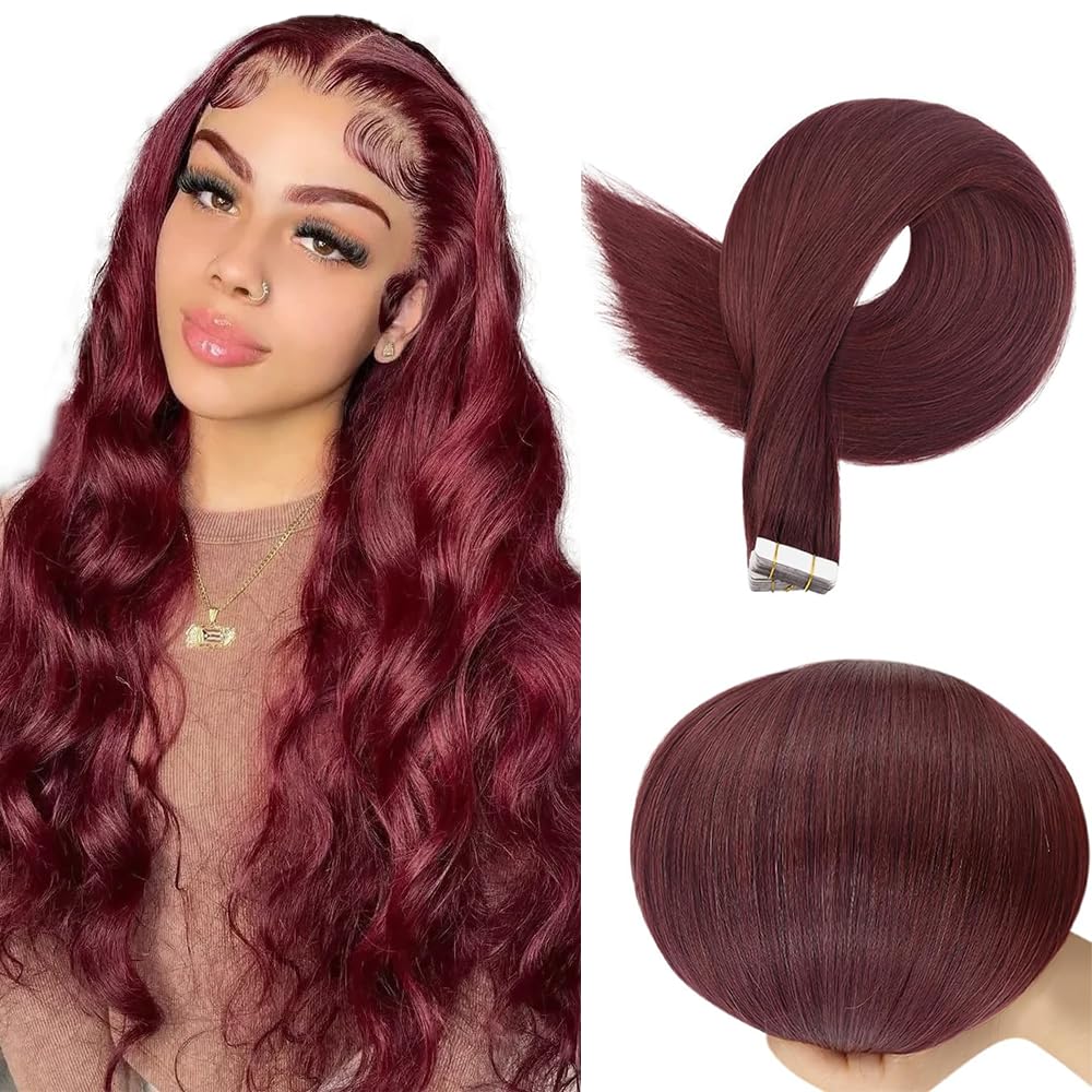 Photo 1 of #99J Burgundy Tape in Extensions Human Hair 14 Inch Red Straight Tape in Seamless Extensions Real Human Hair Skin Weft Seamless Invisible Unprocessed Virgin Remy Hair 50g 20 Pcs