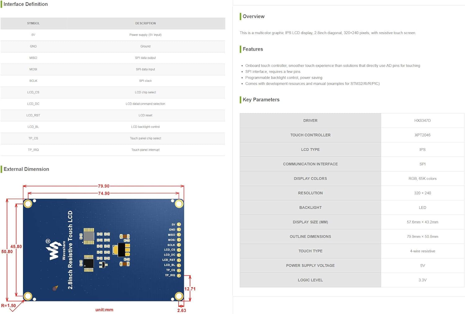Waveshare 2.8inch Resistive Touch LCD Interface Definition and Key Parameters