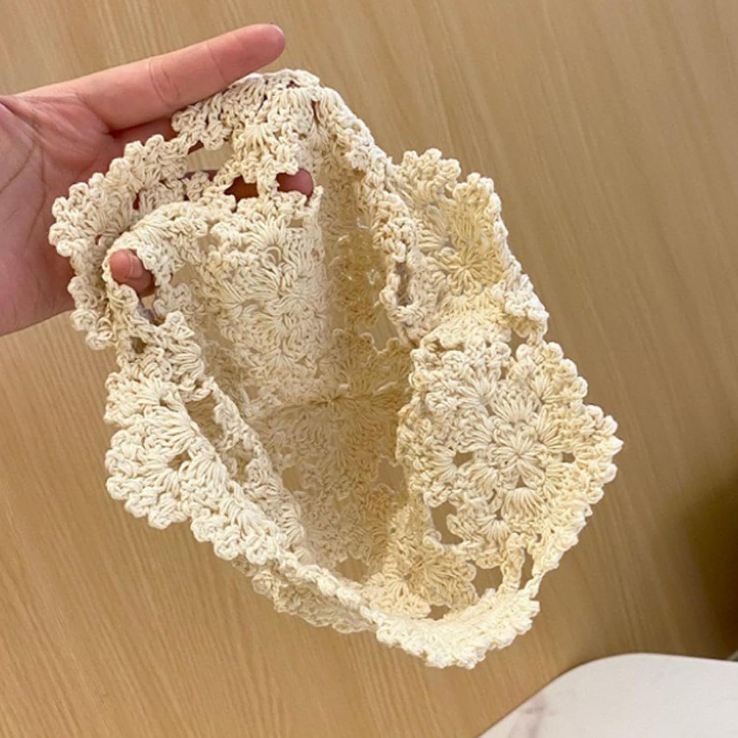 1pc Women Cotton Crochet Skull Cap Handmade Knit Cutout Floral Beanie Hat Hollow Knitted Hat Lightweight (Beige) - Image 5