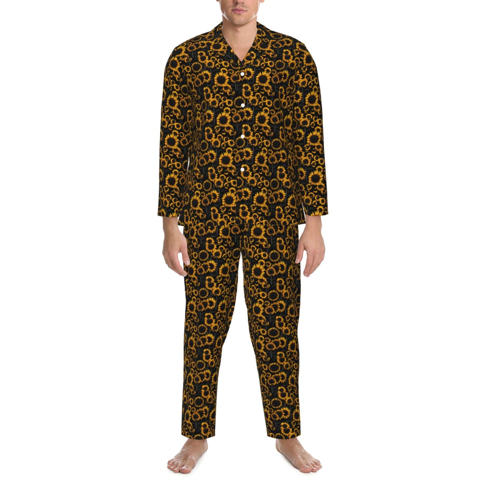 Conjunto de pijama de manga larga para hombre con estampado de girasoles y flores florecientes, ropa de dormir de dos piezas, transpirable, cómoda