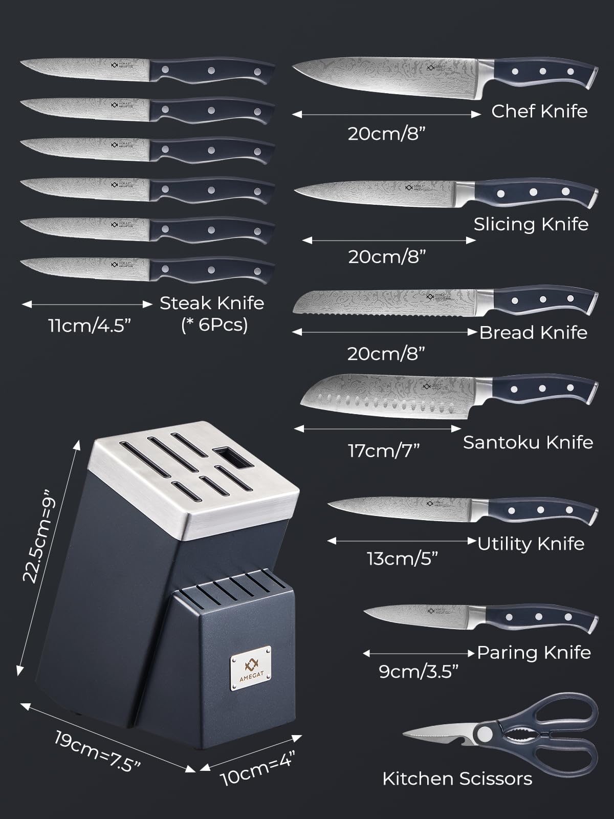 AMEGAT Knife Set, 14-Piece Waved Texture, Stainless Steel, Razor-Sharp, Full Tang Handle, Self-Sharpening Storage Block, Gray