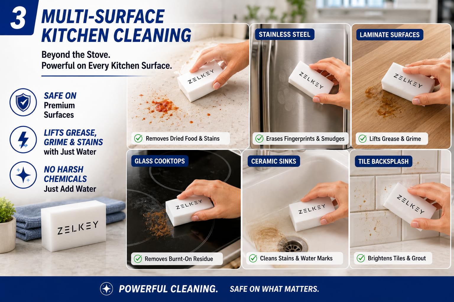 ZELKEY Magic Eraser | Pack of 3 | No Scratch Multi-Surface Cleaning Sponge | Removes 100+ Tough Stains | Just Add Water | Walls, Kitchen, Bathroom, Shoes & Switch Boards