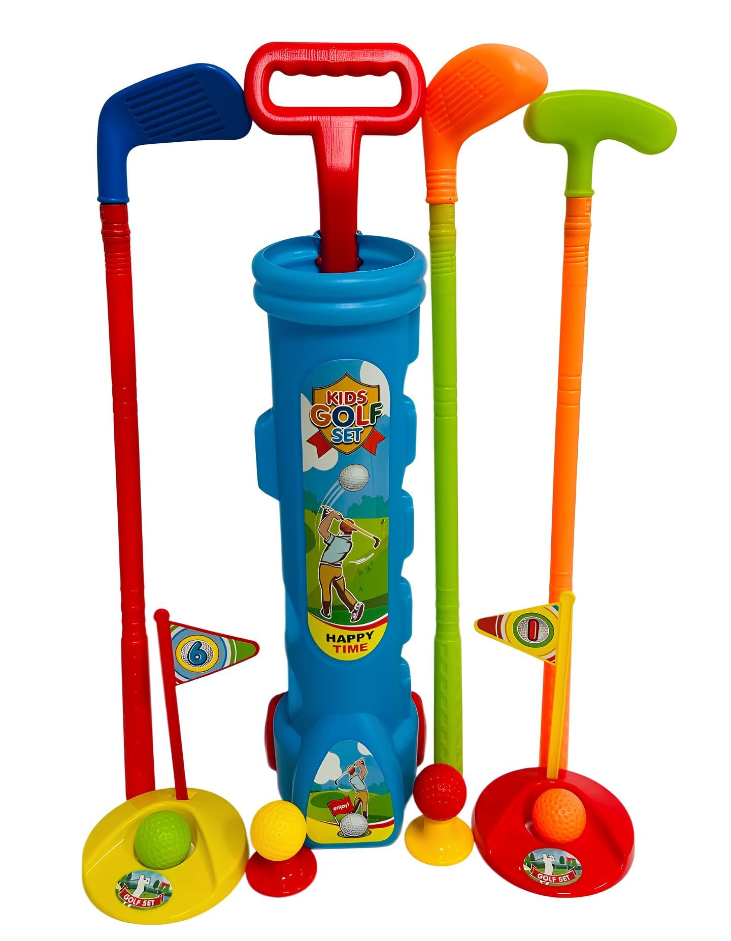 Golf Enfants Ensemble de Jeu Sac avec Roues Trolley 3 Battes 4 Balles 2 Trou Drapeau Mini Golf Intérieur Extérieur