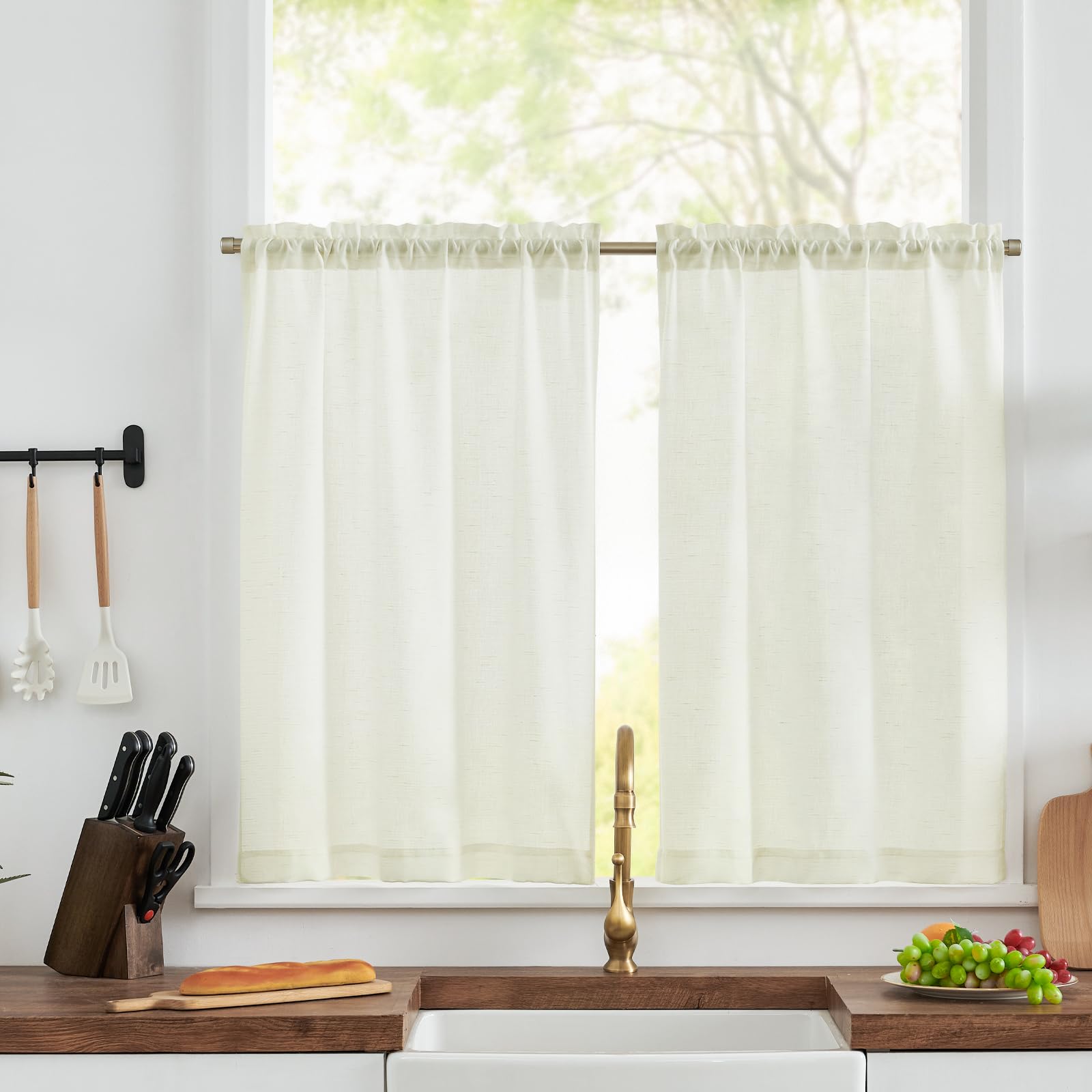 TOPICK Bistrogardine 2er Set Scheibengardinen modern Elfenbein Gardine Küchenfenster Scheibengardinen Küche Leinenoptik H90xB65 cm Küchengardinen landhausstil Wohnzimmer Wohnwagen Vorhänge