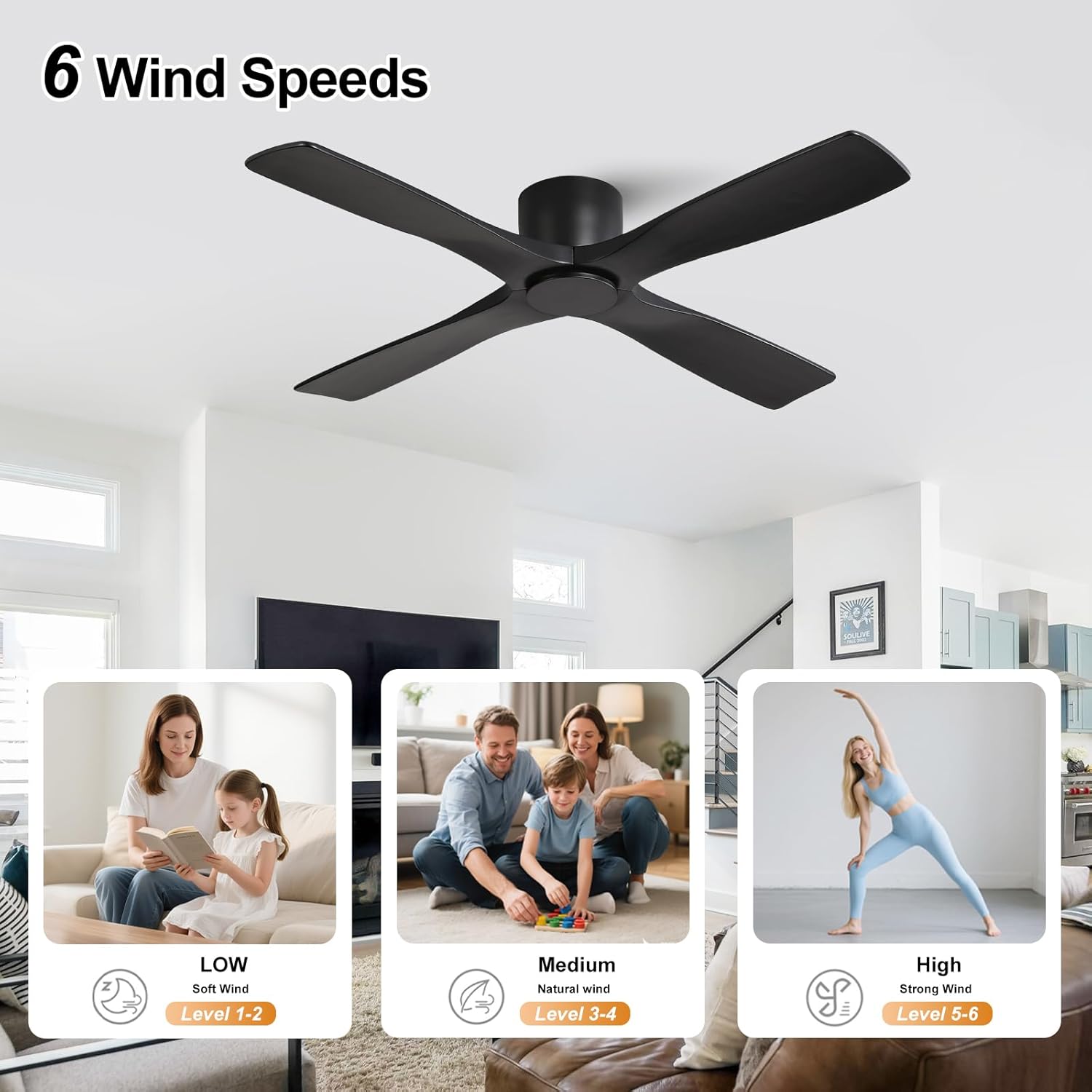 LEDLUX 48" Ceiling Fan without Lights - Modern Low Profile Flush Mount Ceiling Fan, 6-Speed Remote, 4 Solid Wood Blades, Quiet Reversible DC Motor, for Bedroom, Living Room, Matte Black
