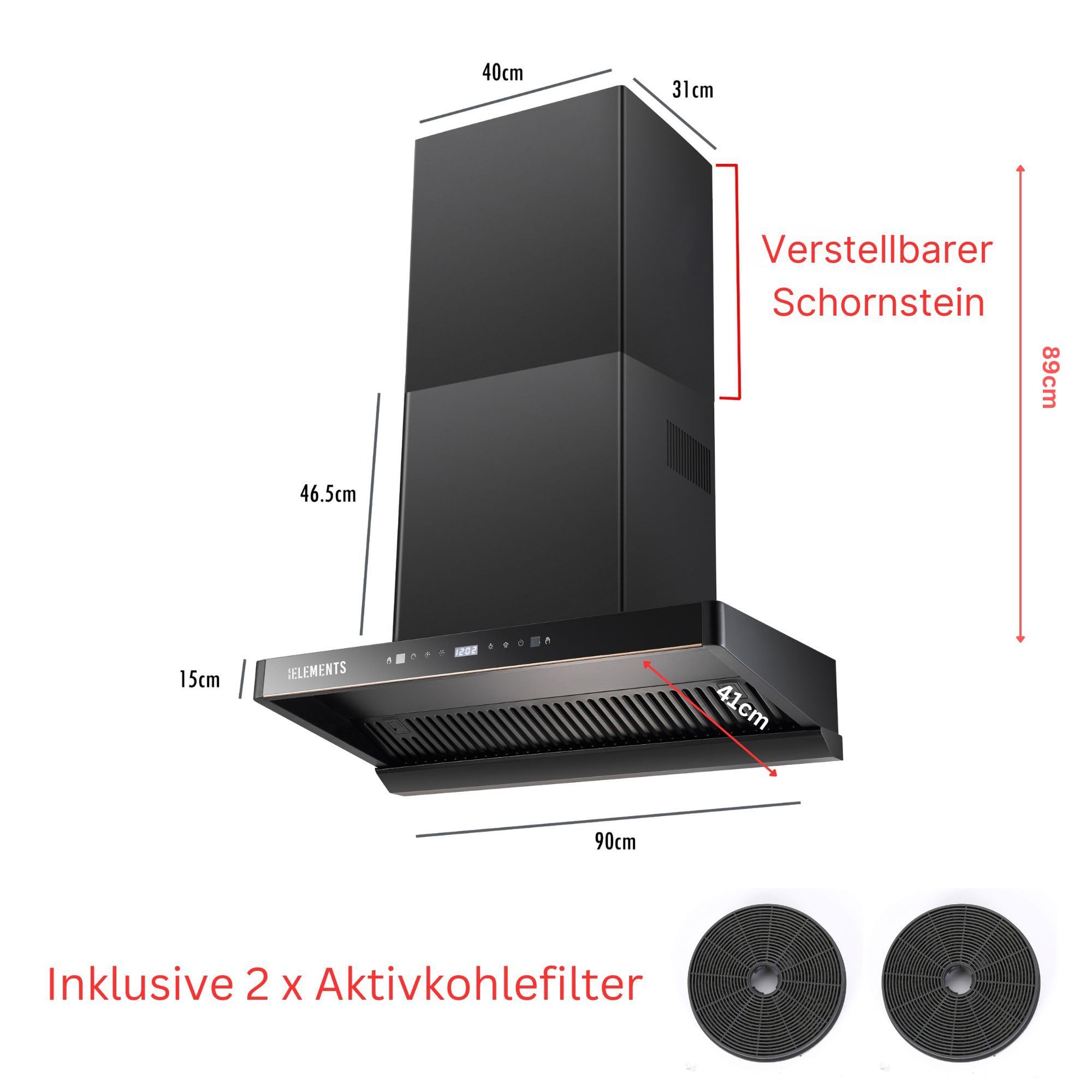 Cappa Aspirante 90 Cm ELK152H90 - Aspirazione 1350 M³/h, 8 Livelli, Filtro Carboni Attivi, Classe A+, Vetro Nero - Foto 10