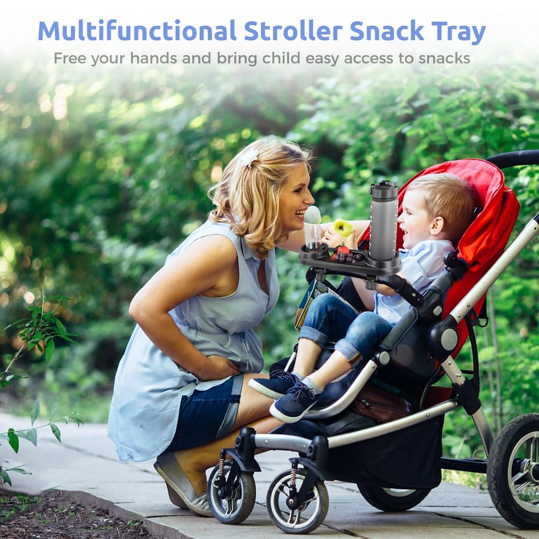 Plateau snack pour poussette, accessoire 3 en 1 avec porte-gobelet, organisateur multifonction avec clip amovible à prise ferme pour poussettes à guidon plat