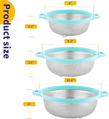 Miniatura 3 de POPGRADE Paquete de 3 coladores de acero inoxidable con asa colador de metal grande para pasta espagueti verduras frutas fideos colador de malla de