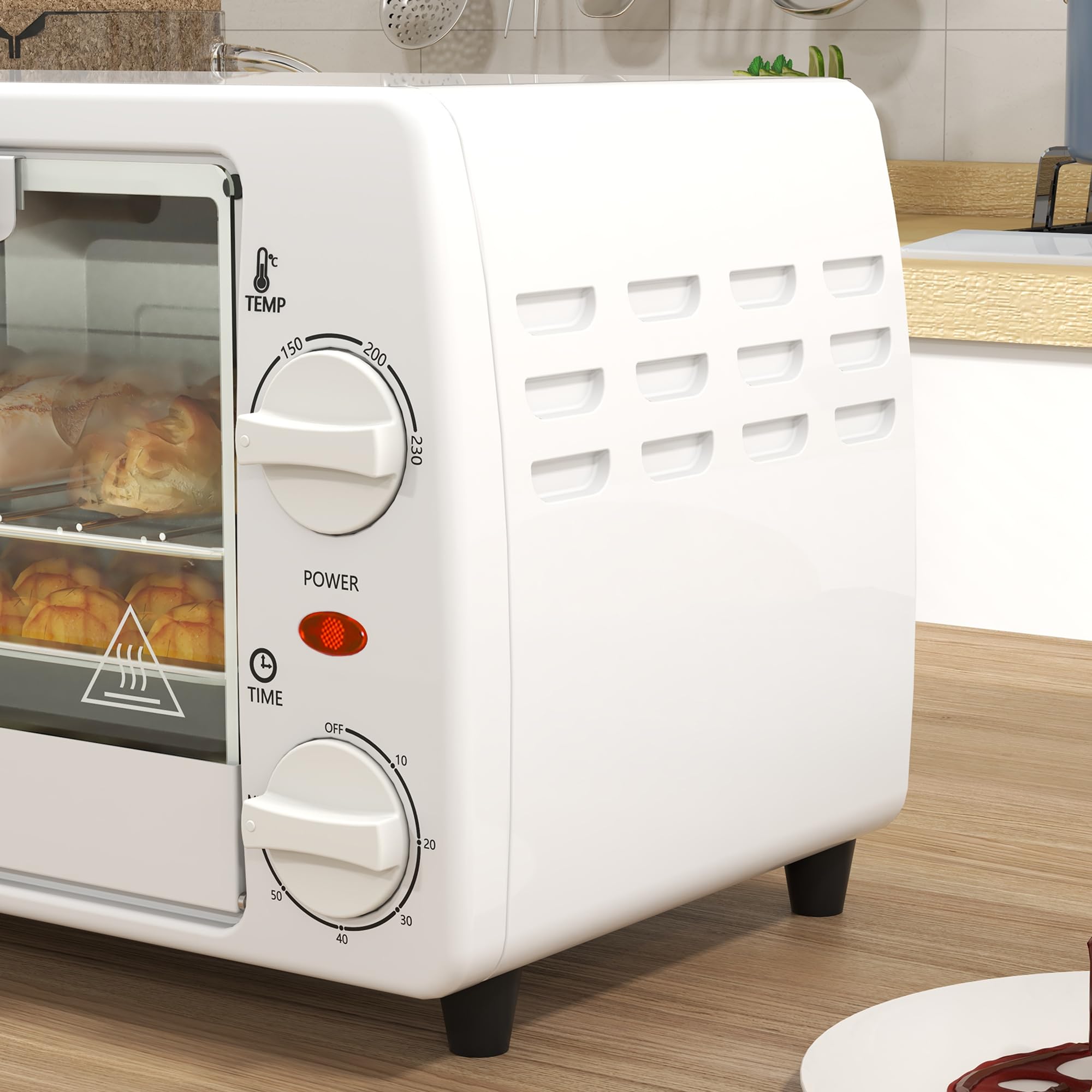 HOMCOM Forno elettrico da tavolo 10 litri 750W Piccolo forno elettrico con temperatura fino a 230 ℃ Timer 60 minuti Vassoio e cestello 36,5x26x22 cm Bianco